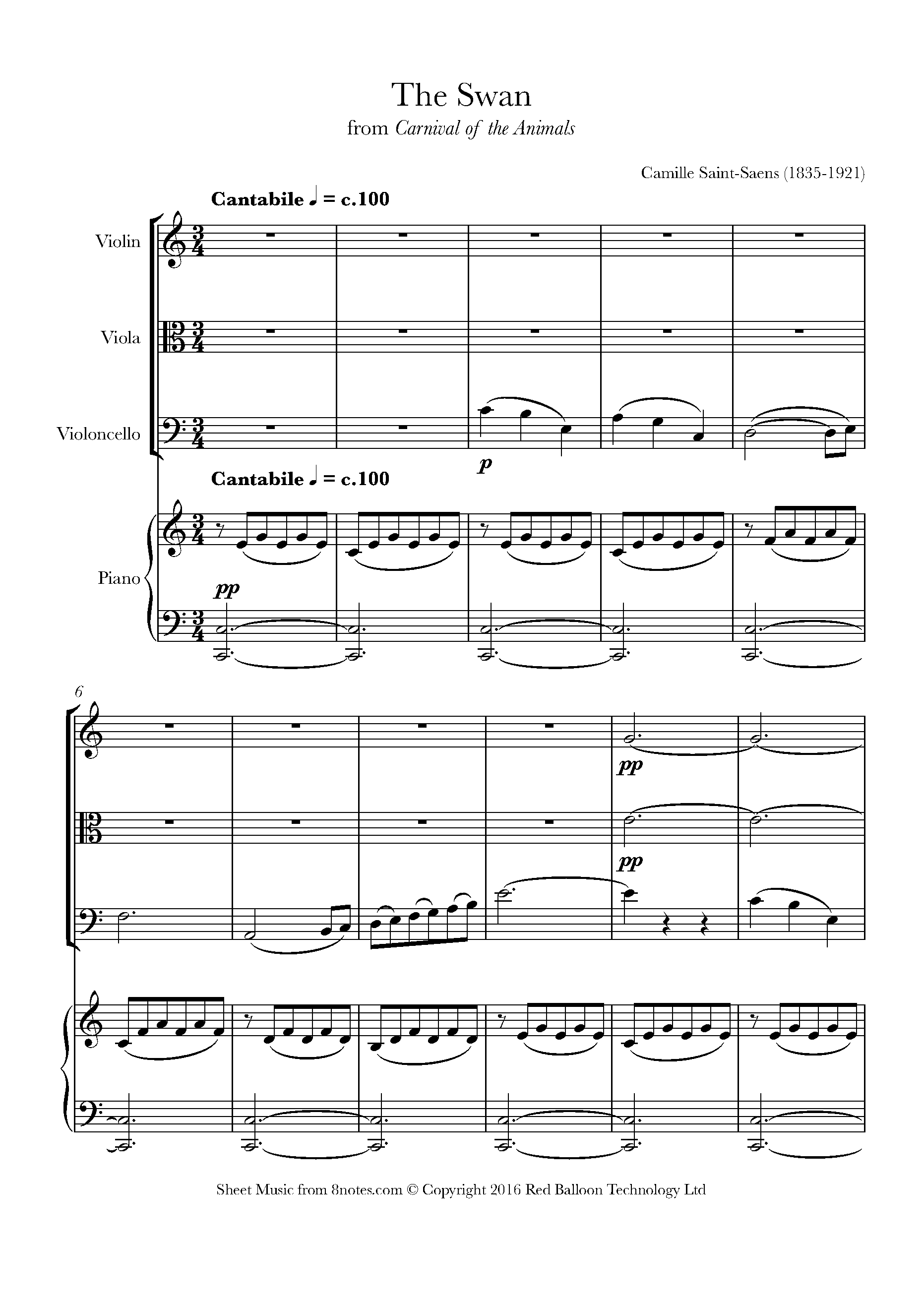 Saint-Saëns - The Swan from Carnival of the Animals Sheet music for Piano  Quartet 