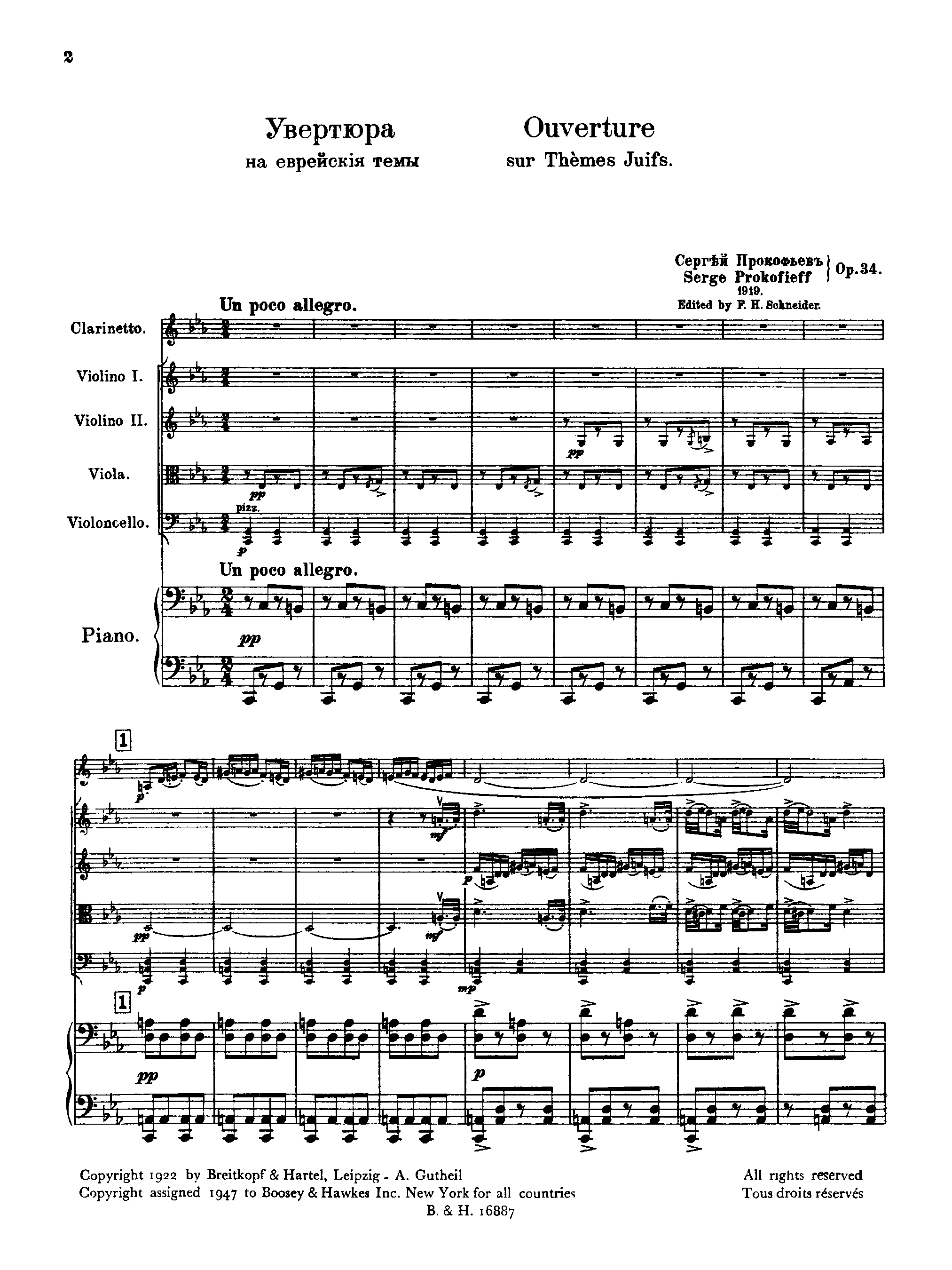 Overture on Hebrew Themes, Op.34 by Sergei Prokofiev Sheet Music arranged by 8notes.com for Piano Quintet - 1 of 23 pages