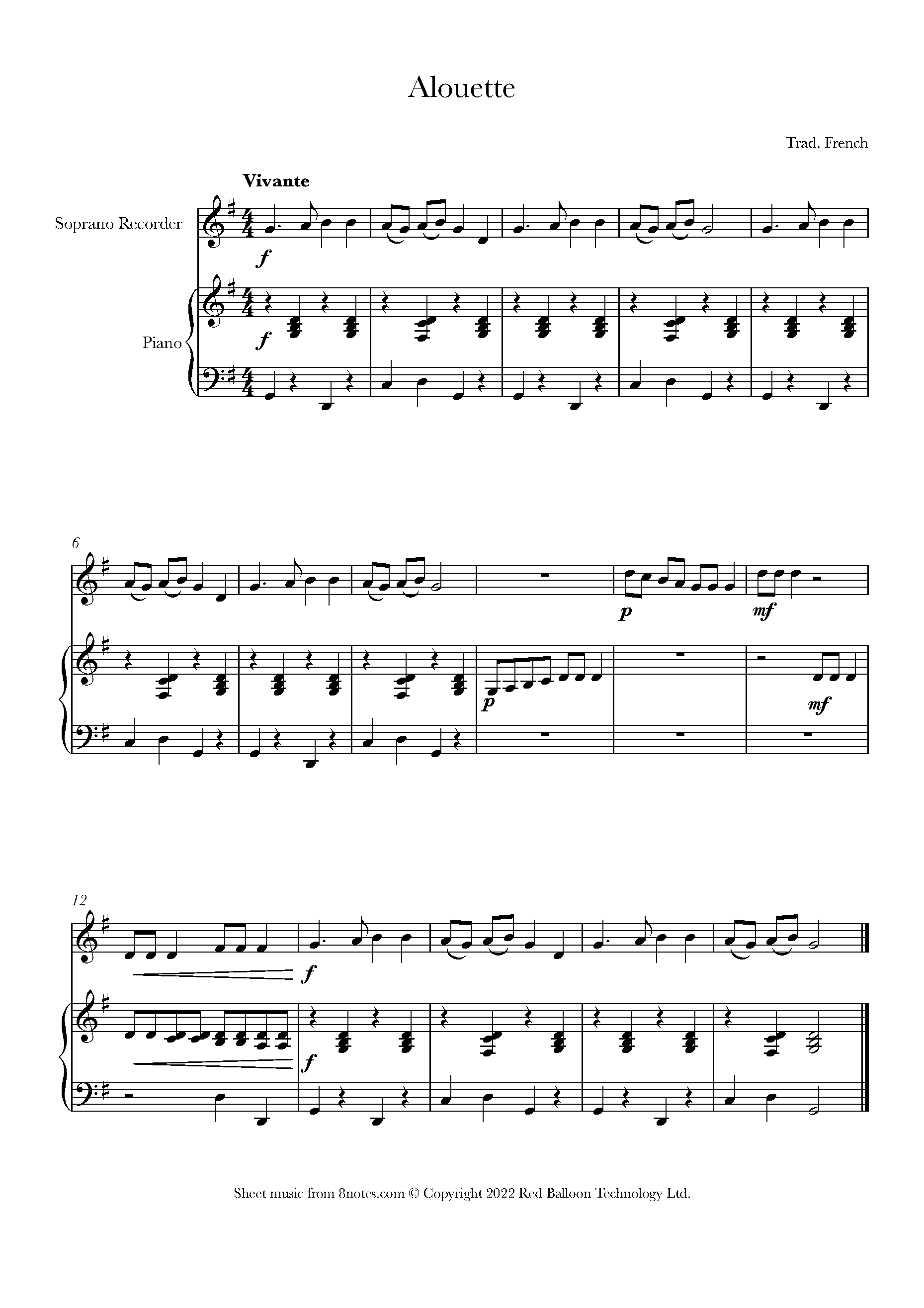 Alouette Sheet music for Recorder