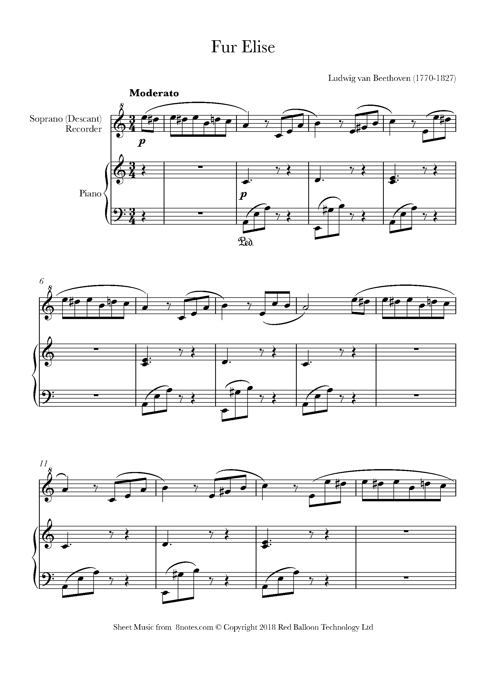 Beethoven Ludwig van Fur Elise for Recorder Free Sheet music for Recorder 8notes