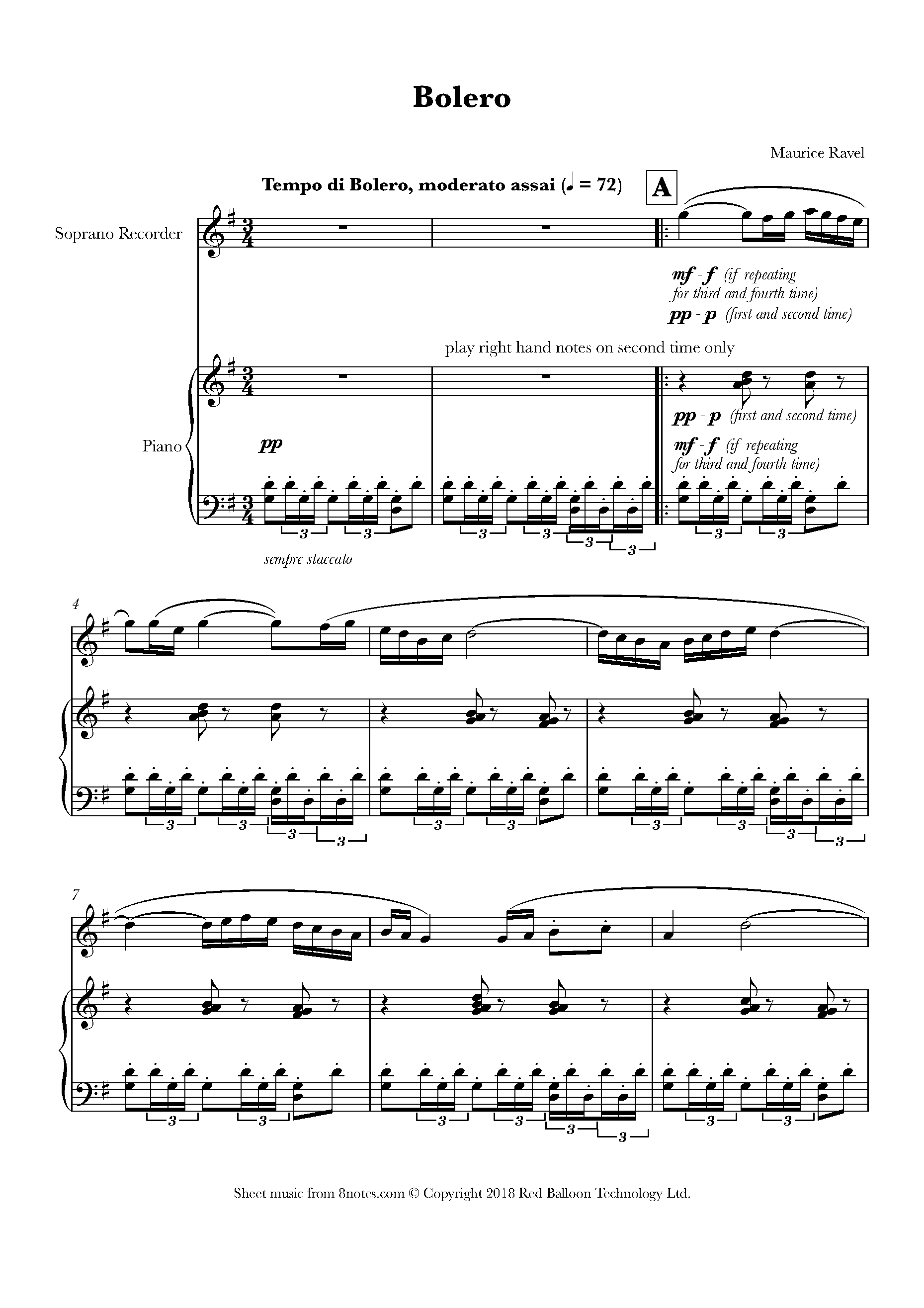 Ravel Maurice Bolero for Recorder Free Sheet music for Recorder 8notes