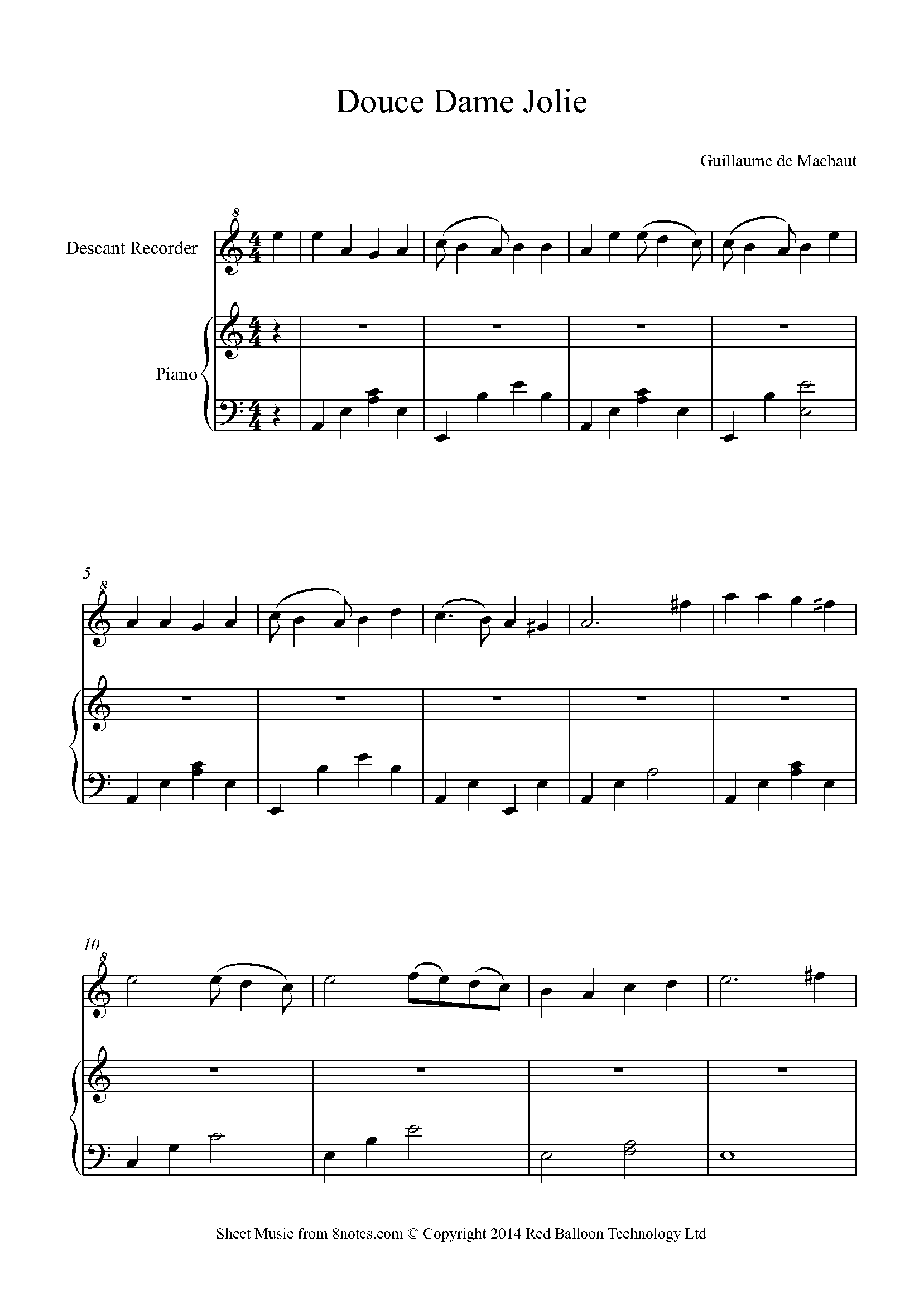 Machaut Douce Dame Jolie Sheet Music For Recorder 8notes Com