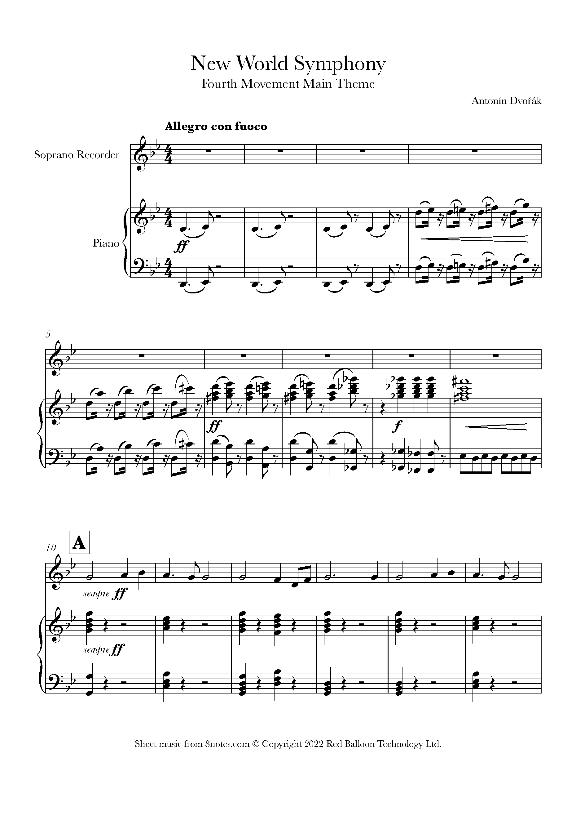 Dvořák New World Symphony 4th Movement Main Theme Sheet music for Recorder