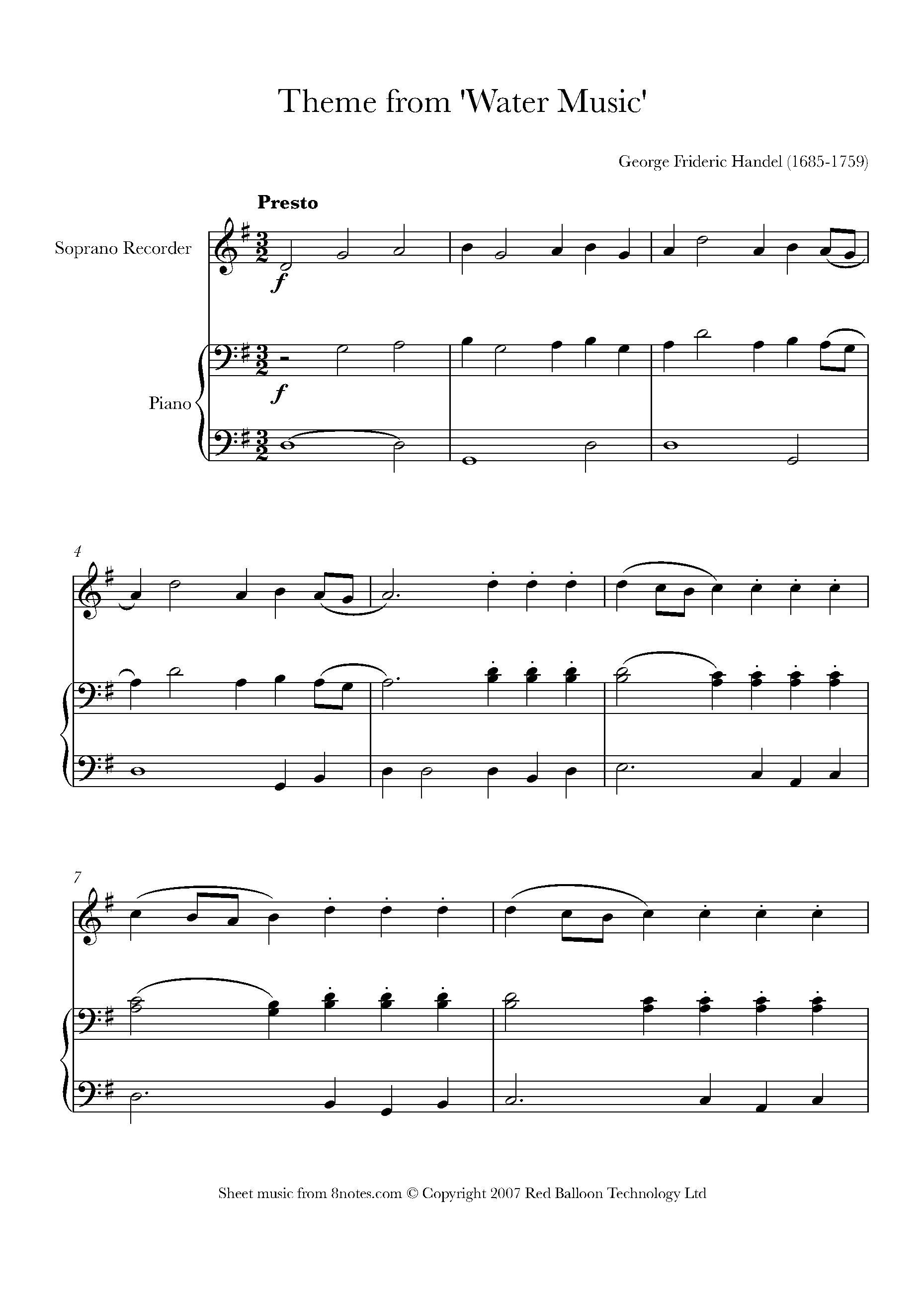 Handel Theme from Water Music Sheet music for Recorder
