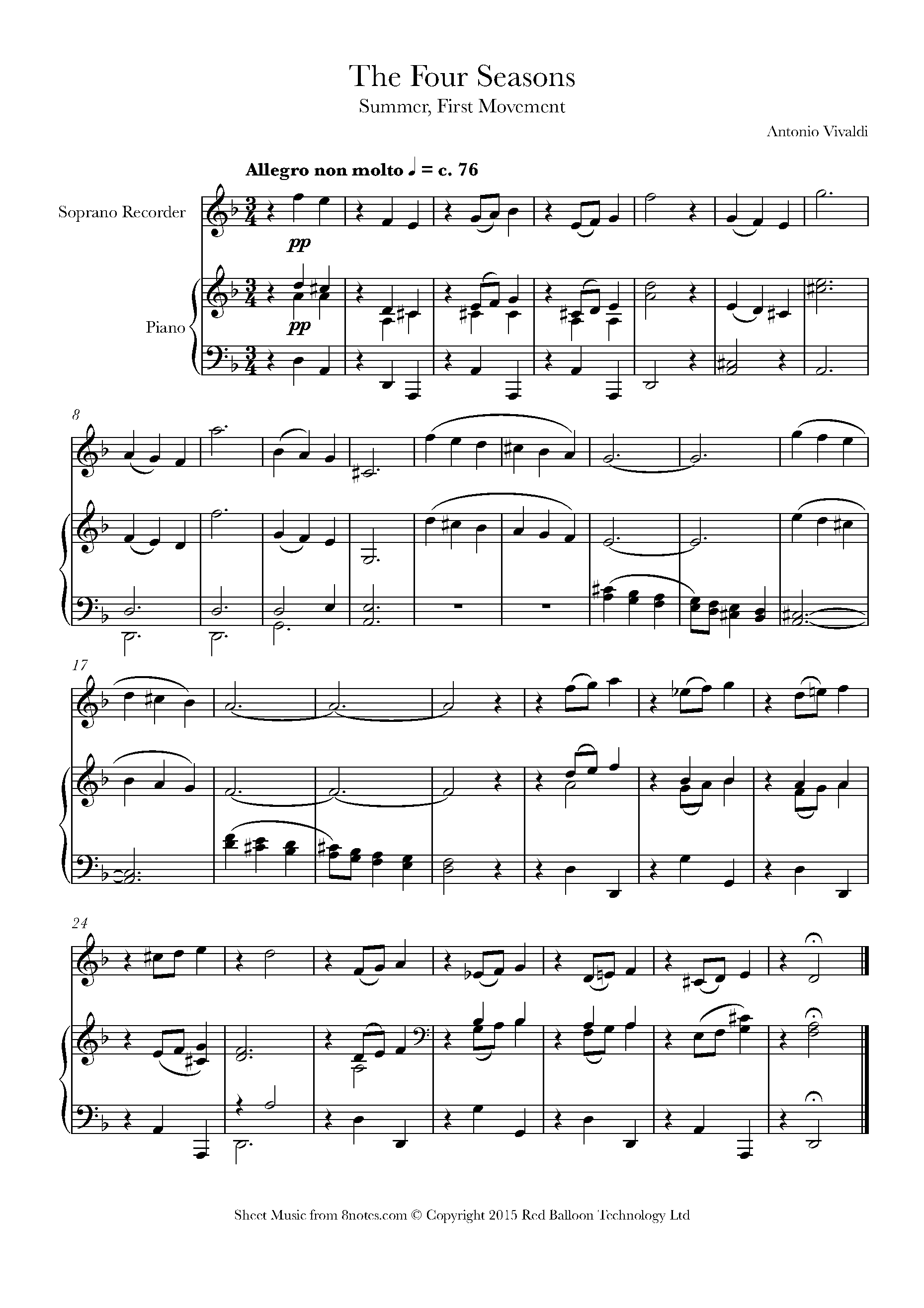 Vivaldi The Four Seasons Summer, First Movement Theme Sheet music for