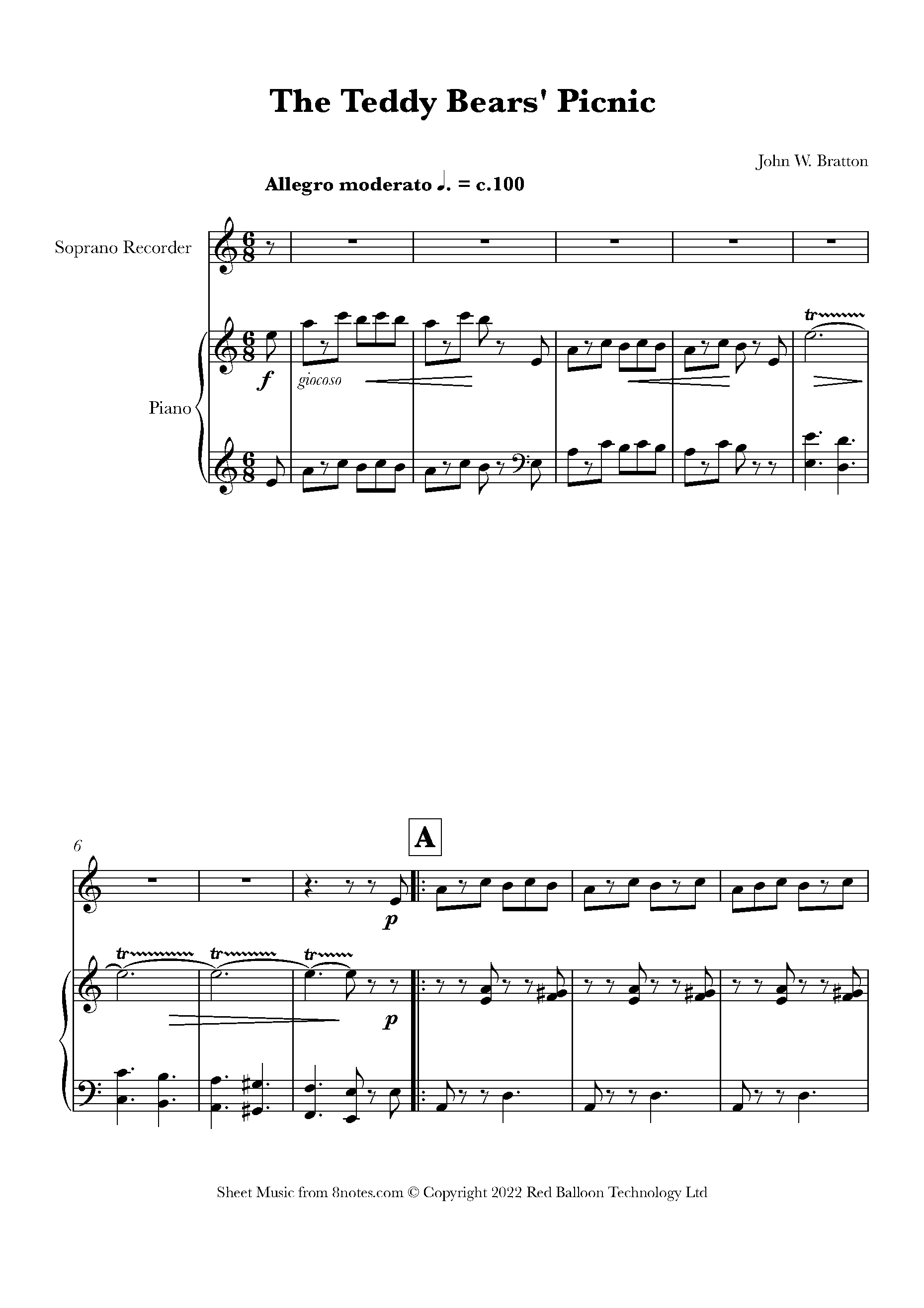 John W. Bratton The Teddy Bears' Picnic Sheet music for Recorder