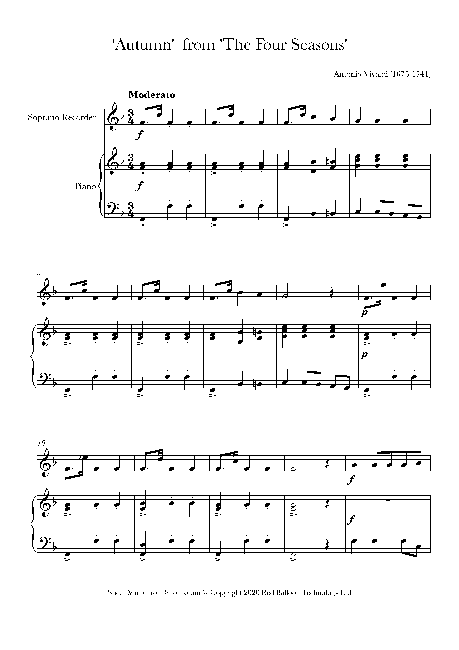 Vivaldi Autumn from the Four Seasons Sheet music for Recorder