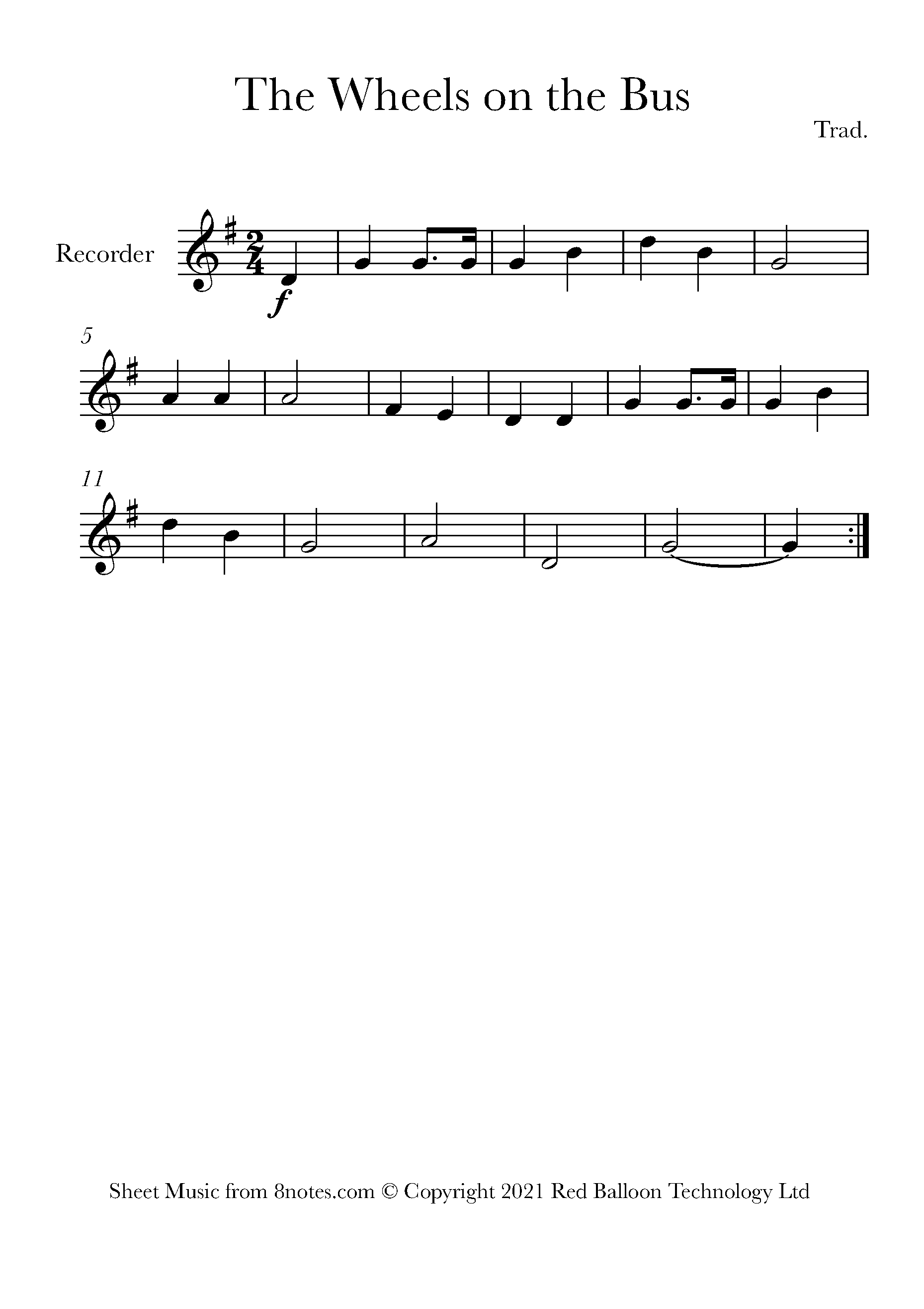 The Wheels on the Bus Sheet music for Recorder
