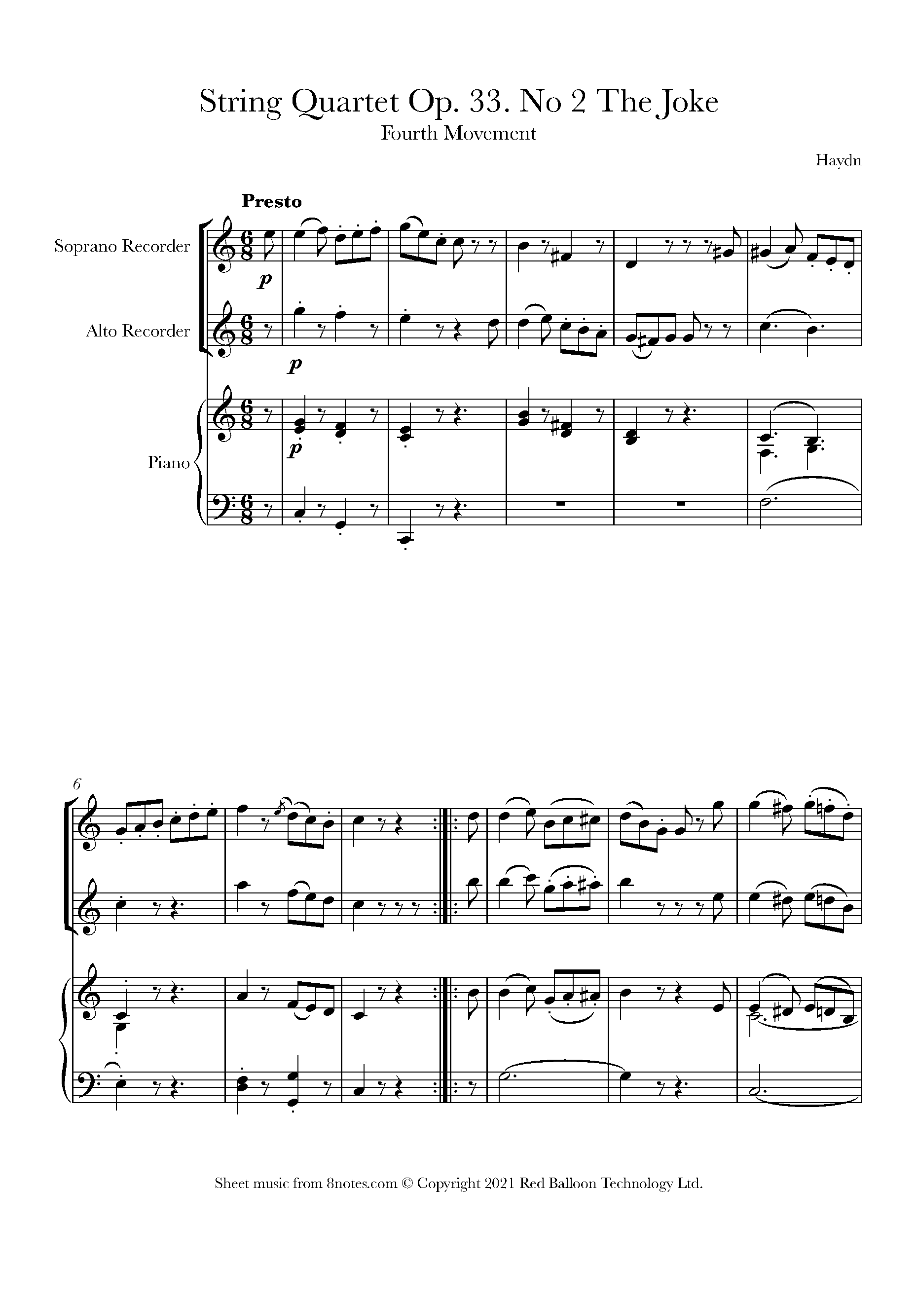 Haydn String Quartet Op. 33. No 2 The Joke 4th mvt Sheet music for