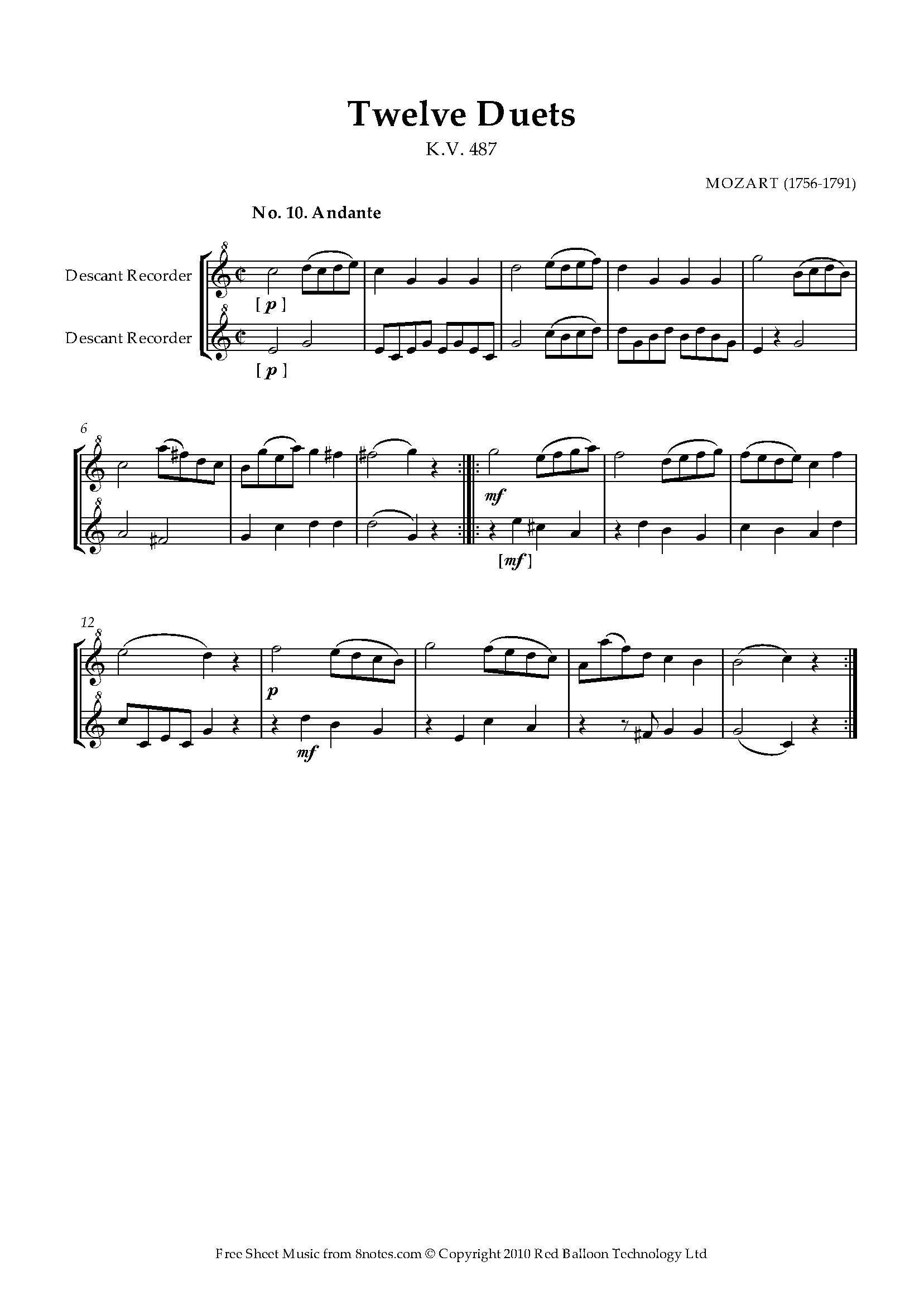 Mozart Twelve Duets k.487 no.10 Sheet music for Recorder Duet