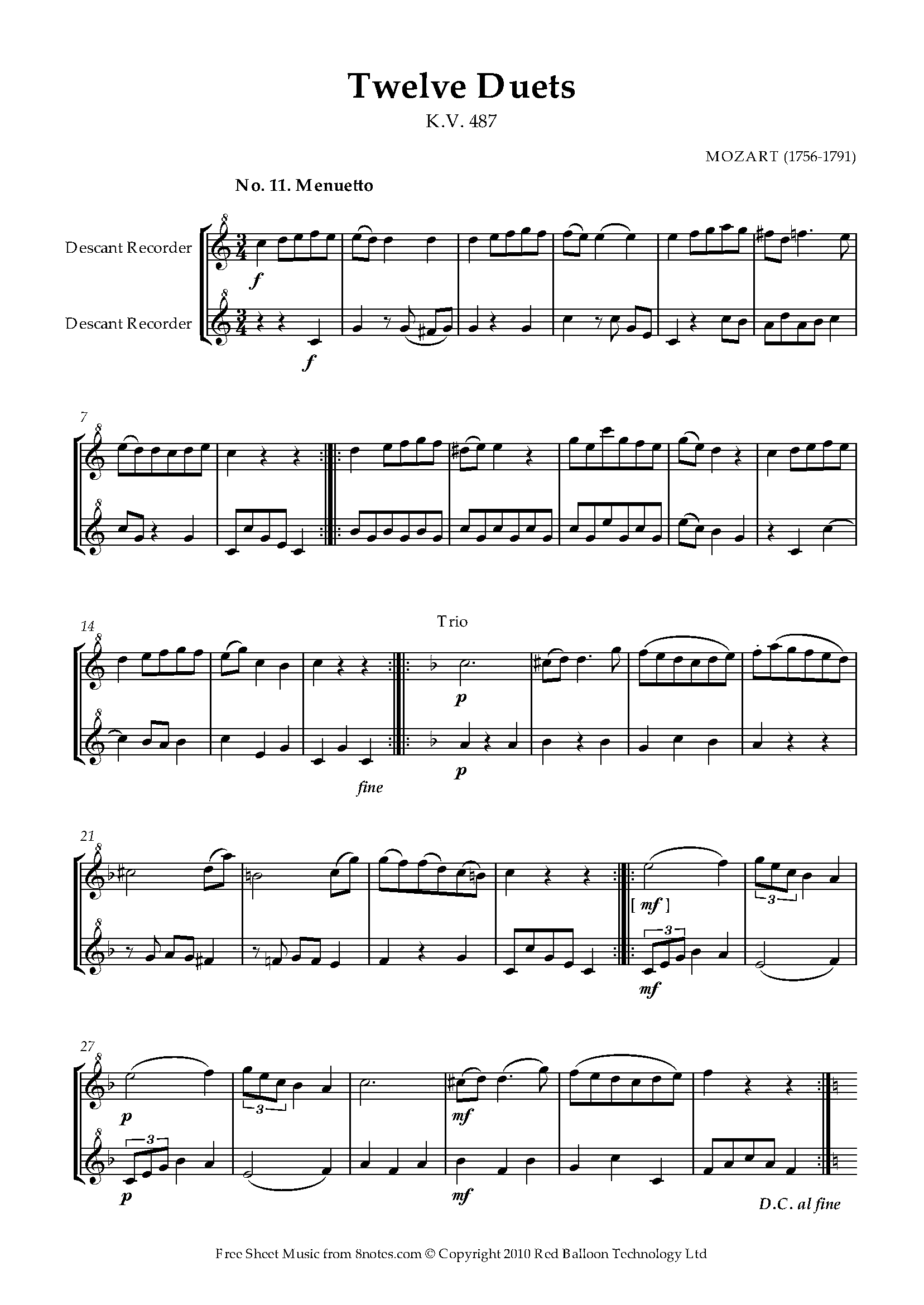 Mozart Twelve Duets k.487 no.11 Sheet music for Recorder Duet