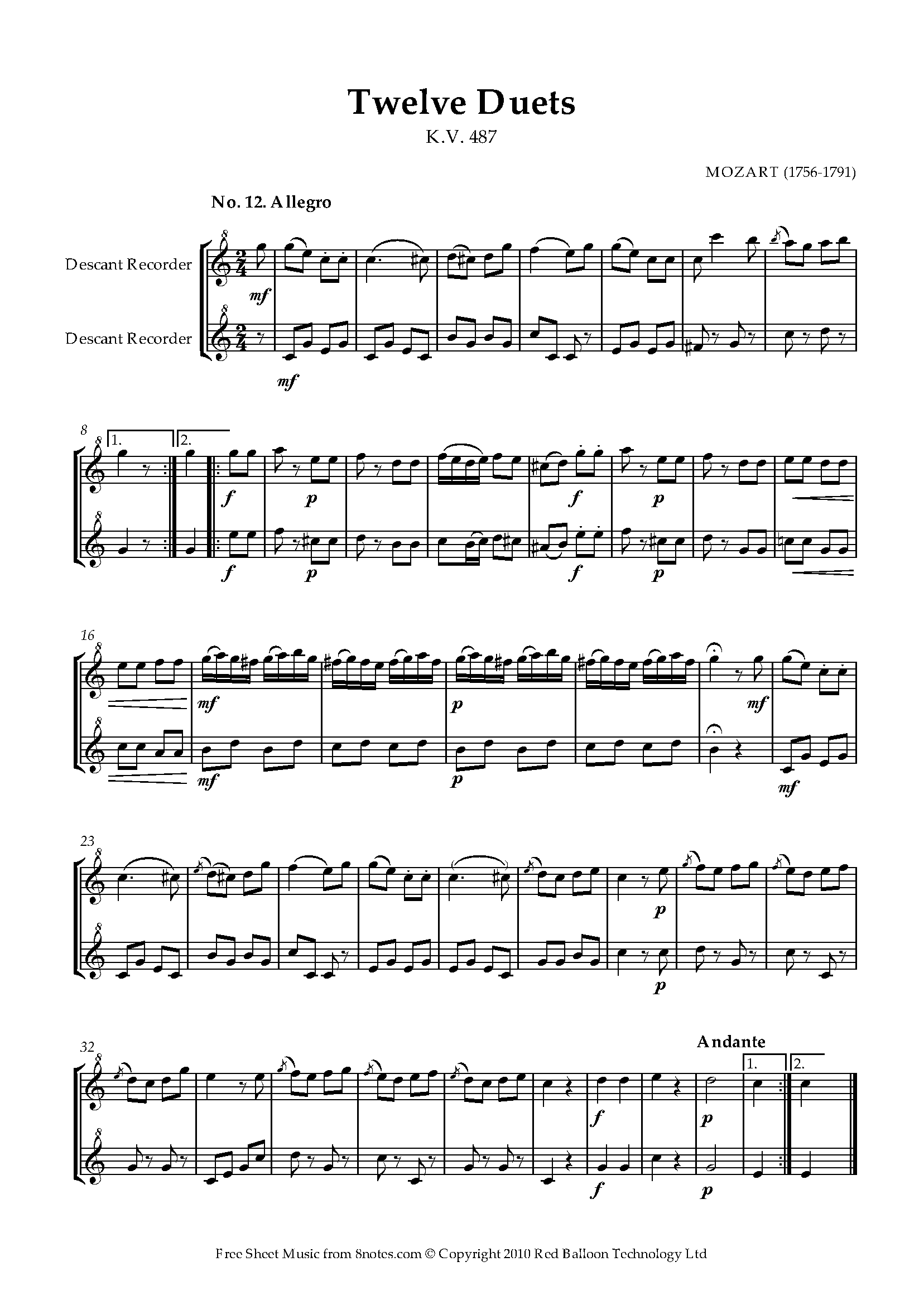 Mozart Twelve Duets k.487 no.12 Sheet music for Recorder Duet
