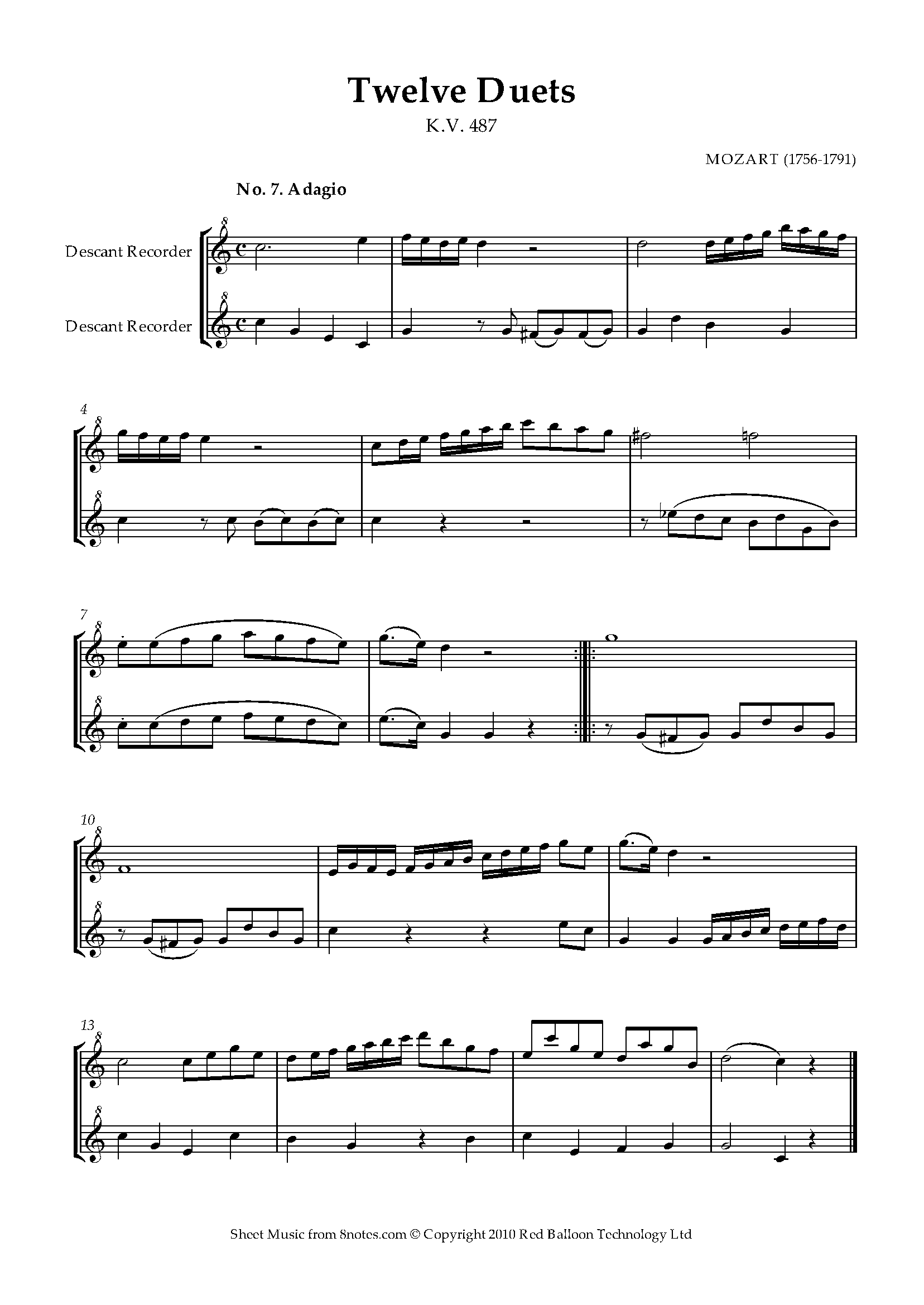 Mozart Twelve Duets k.487 no.7 Sheet music for Recorder Duet
