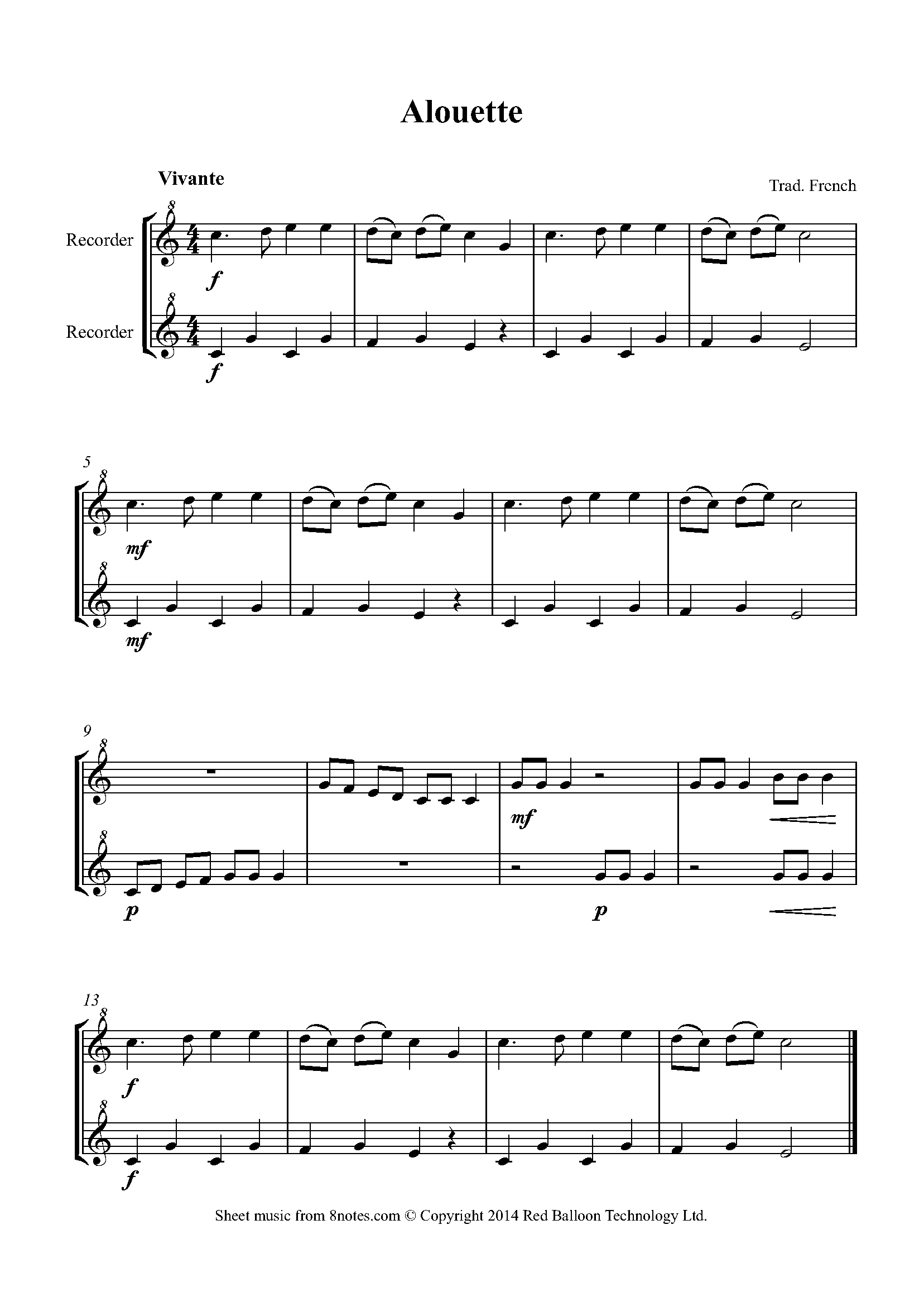 Alouette Sheet music for Recorder Duet
