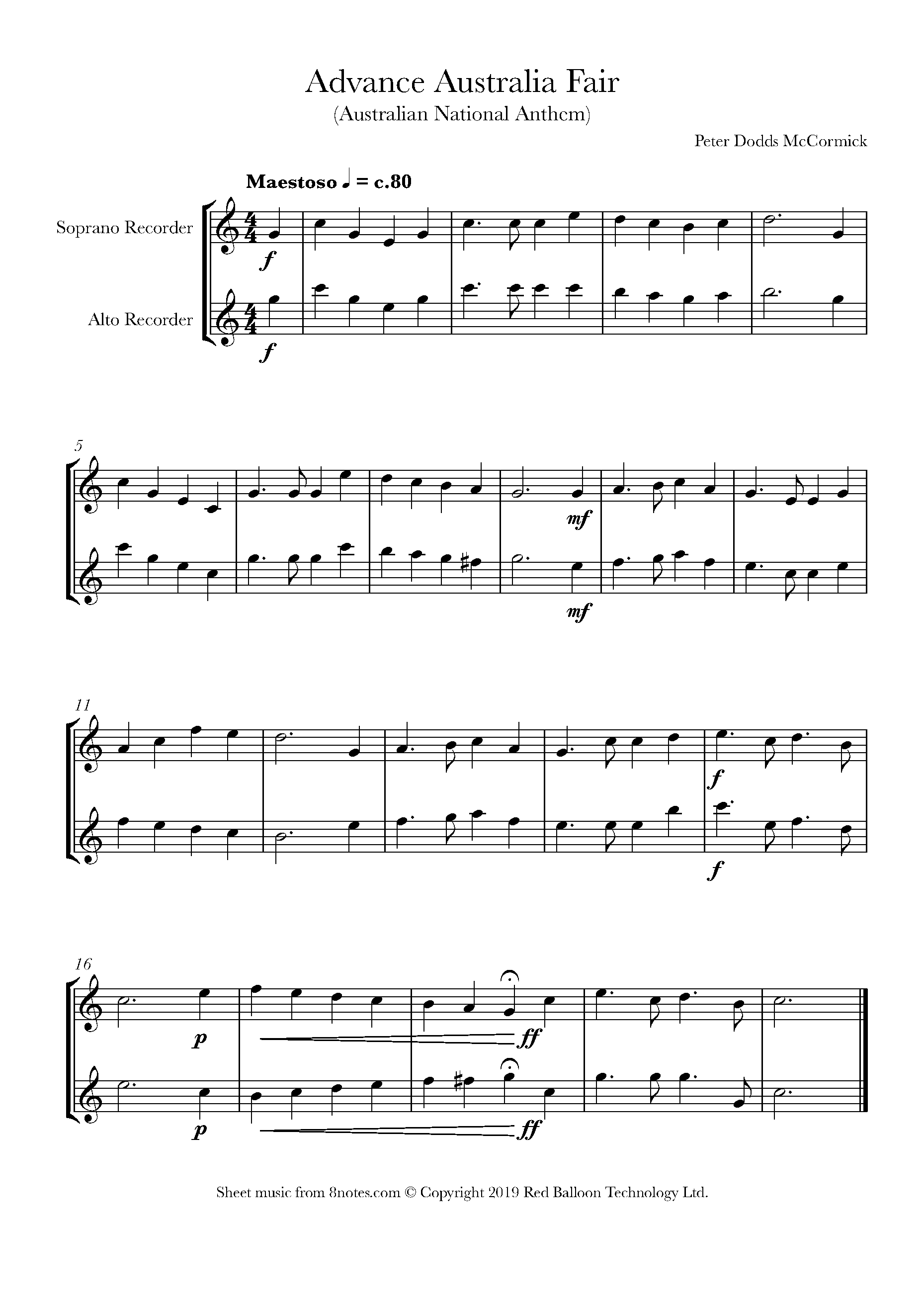 Peter McCormick - Advance Australia Fair (Australian National Anthem) music Recorder Duet - 8notes.com