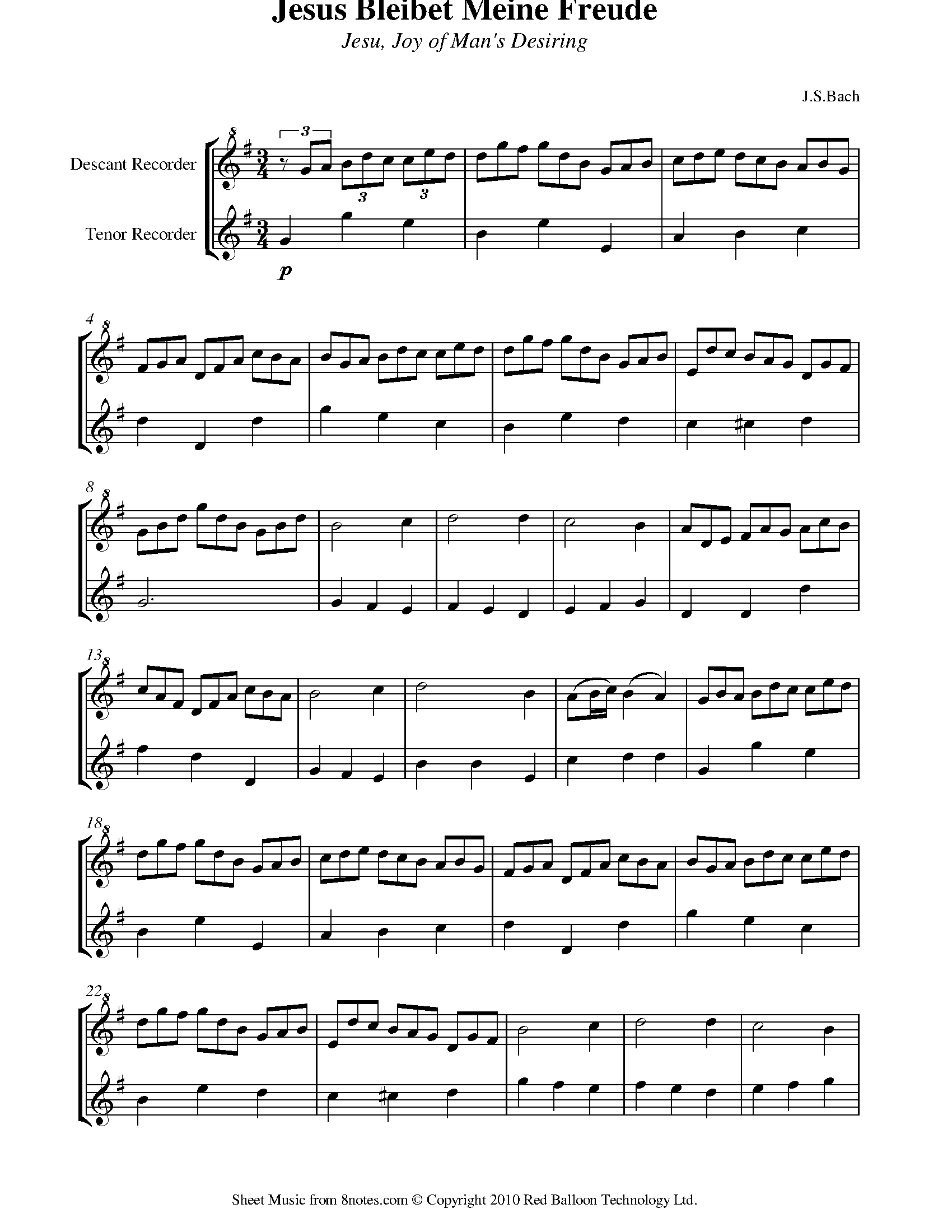 Bach Jesu Joy of Mans Desiring Sheet music for Recorder Duet