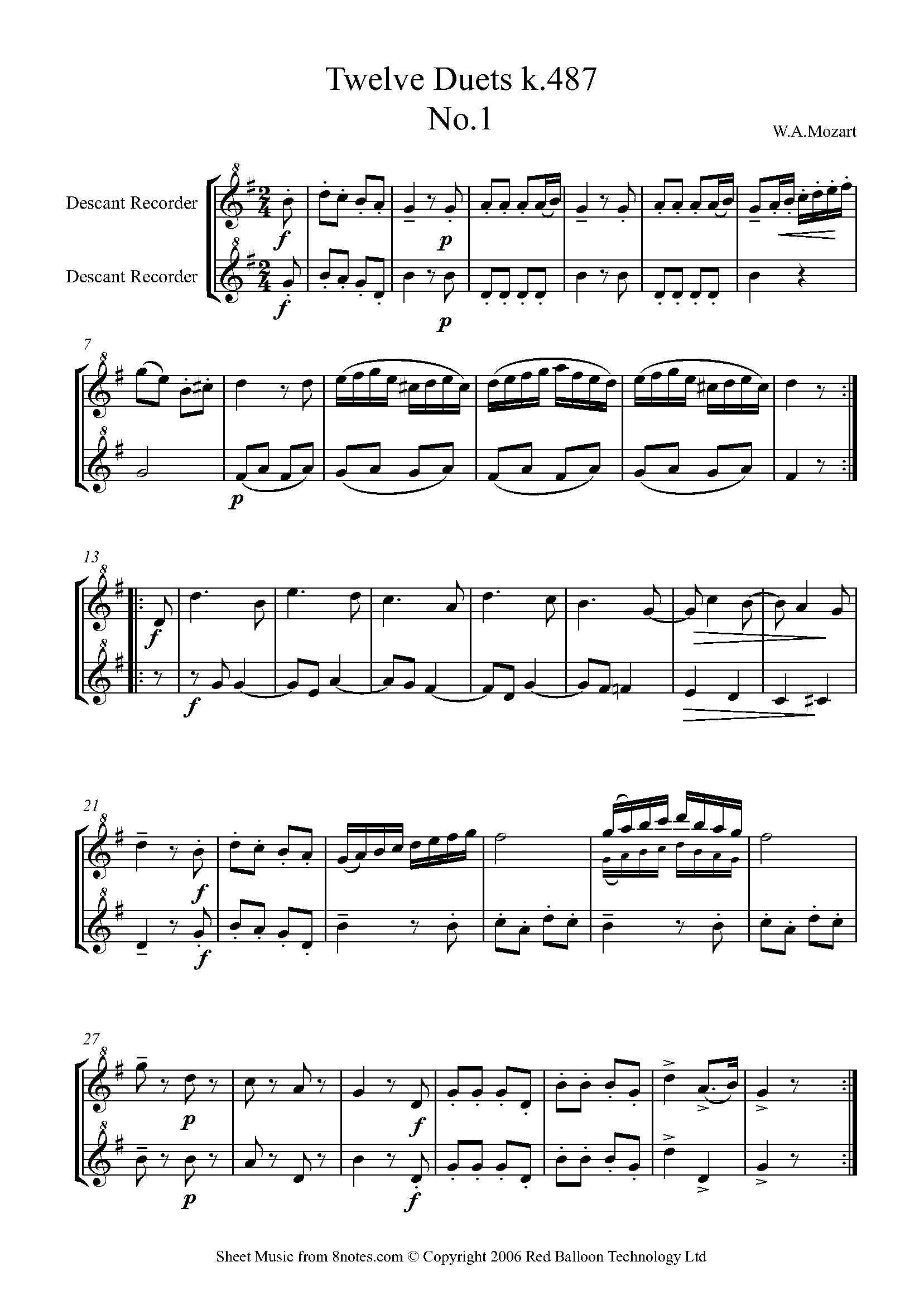 Mozart Twelve Duets k.487 No.1 Sheet music for Recorder Duet