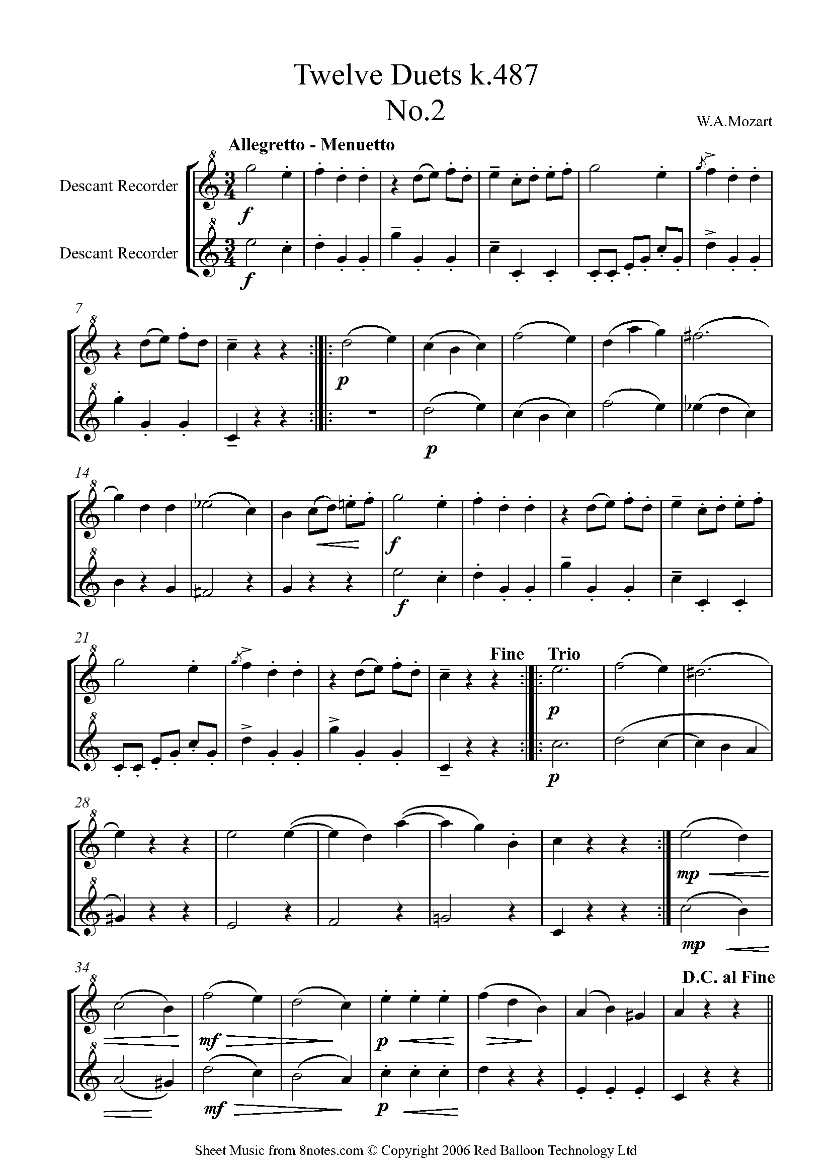 Mozart Twelve Duets k.487 no.2 Sheet music for Recorder Duet