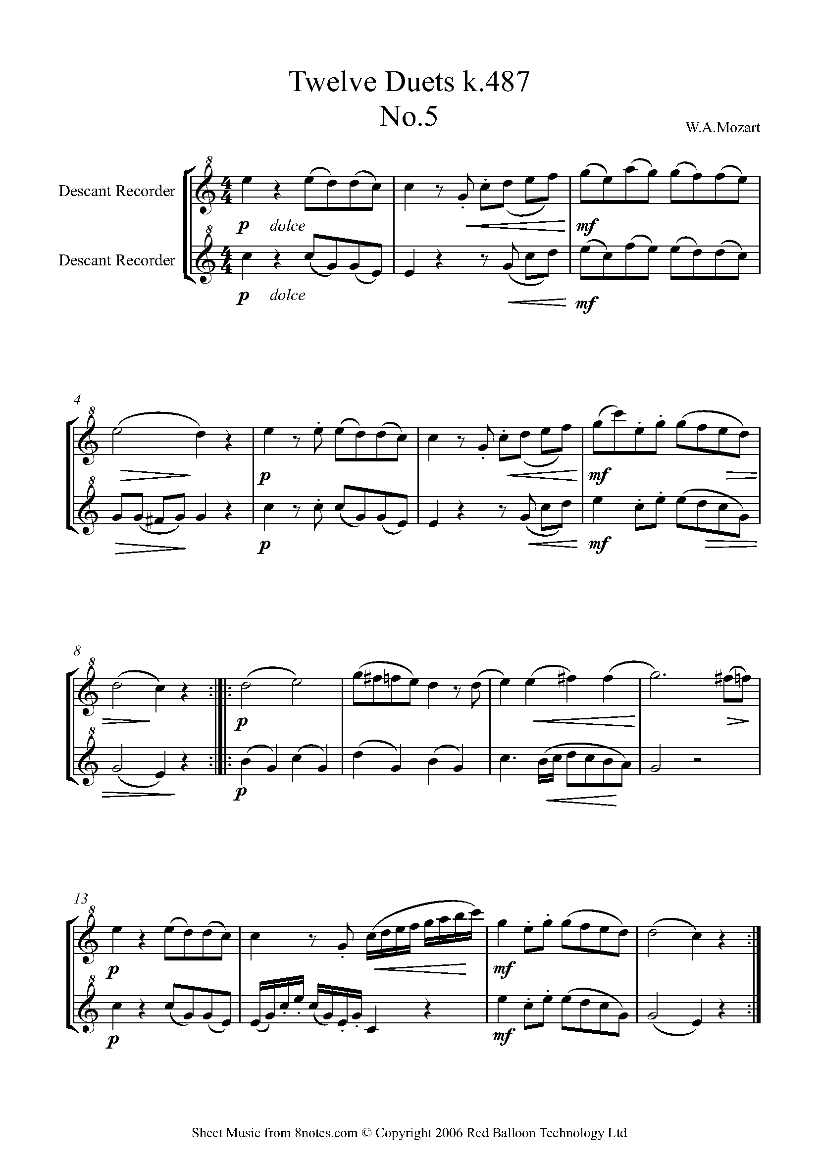 Mozart Twelve Duets k.487 No.5 Sheet music for Recorder Duet
