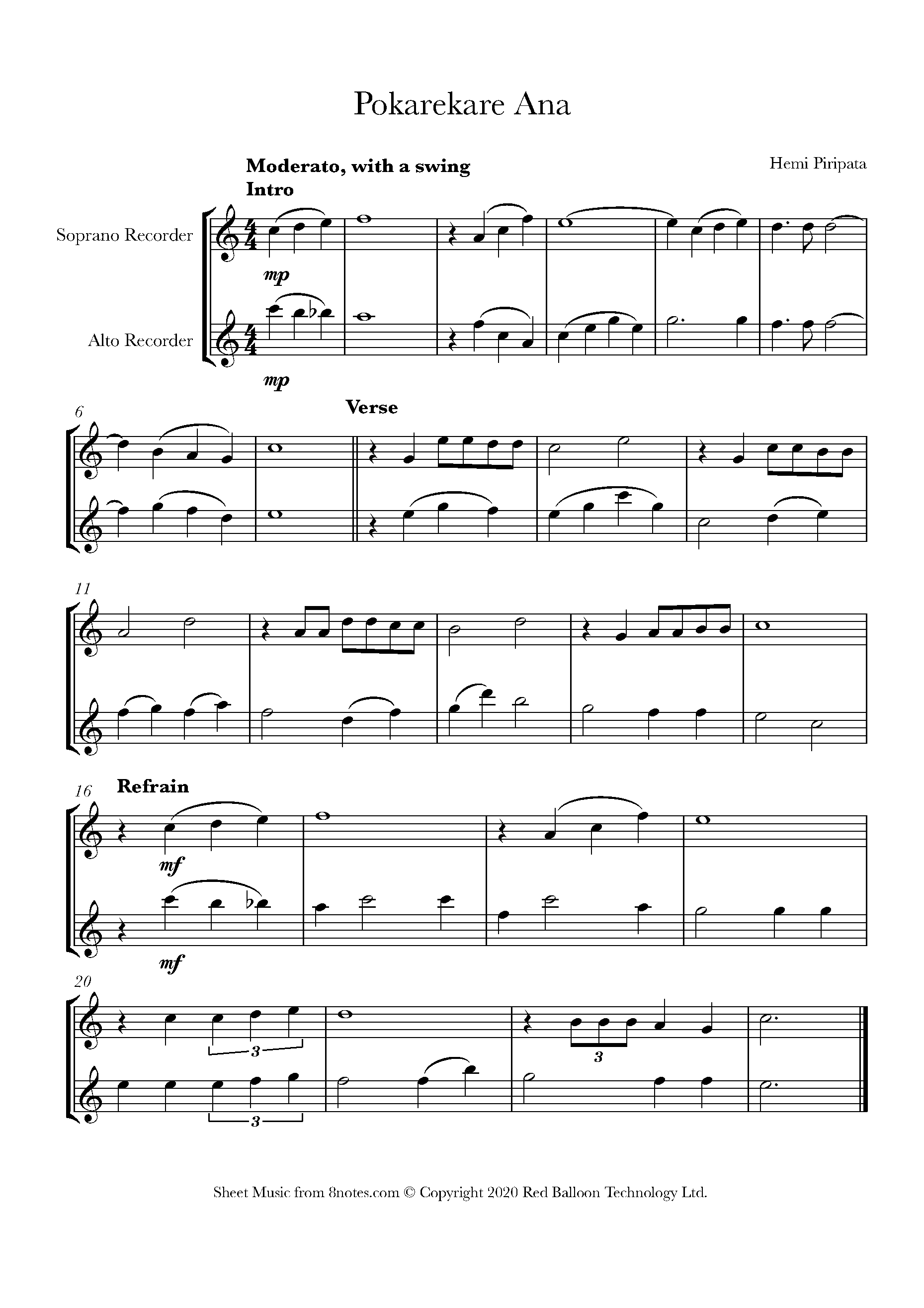 Hemi Piripata Pokarekare Ana (New Zealand Trad.) Sheet music for