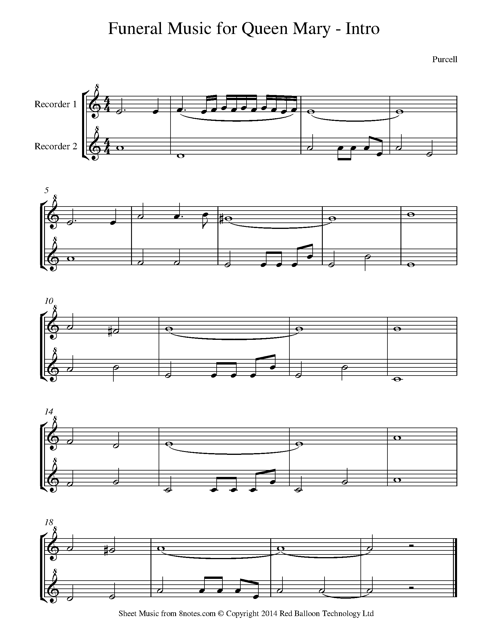 Purcell Funeral Music for Queen Mary Intro Sheet music for Recorder