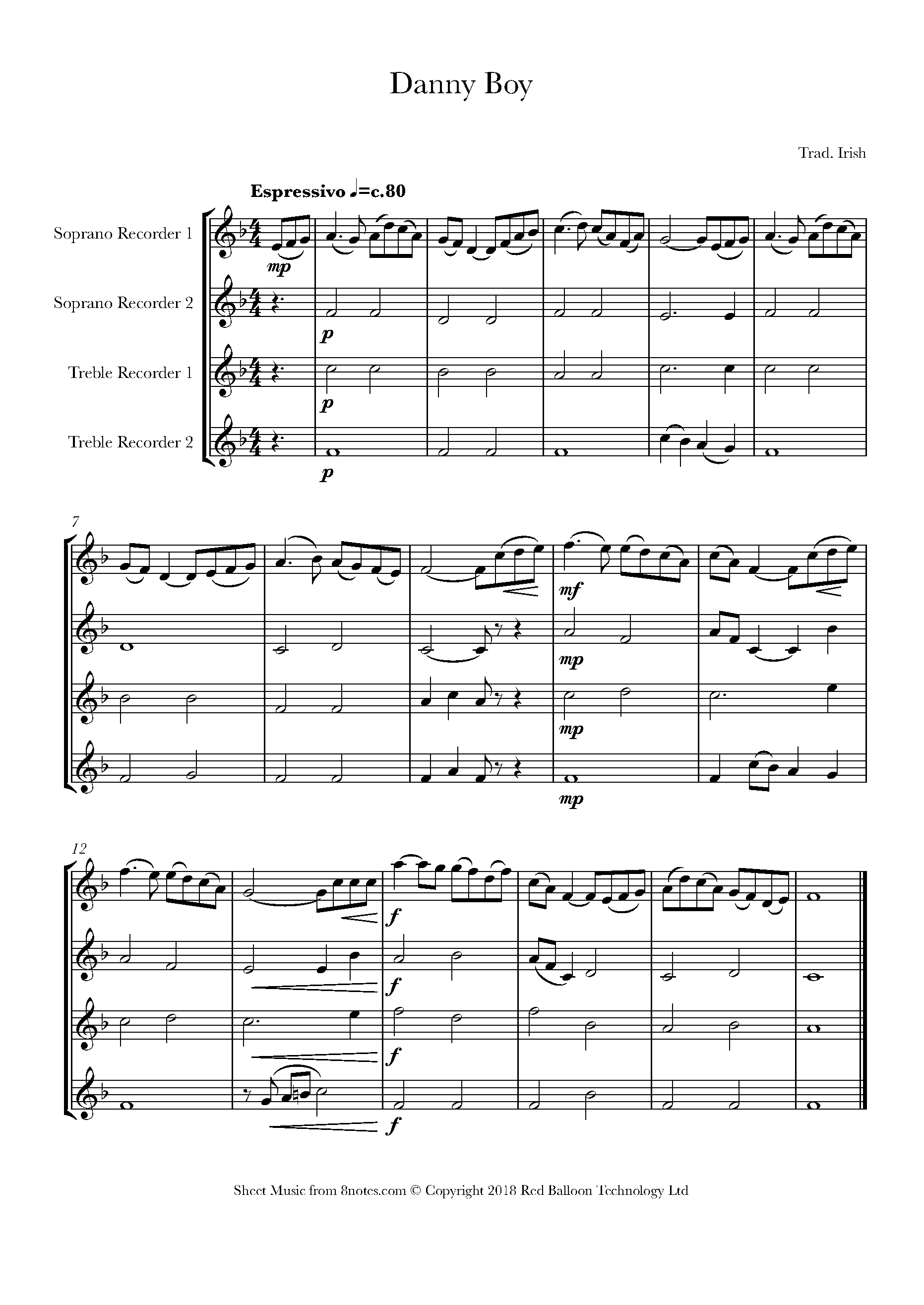 Danny Boy (Londonderry Air) Sheet music for Recorder Quartet