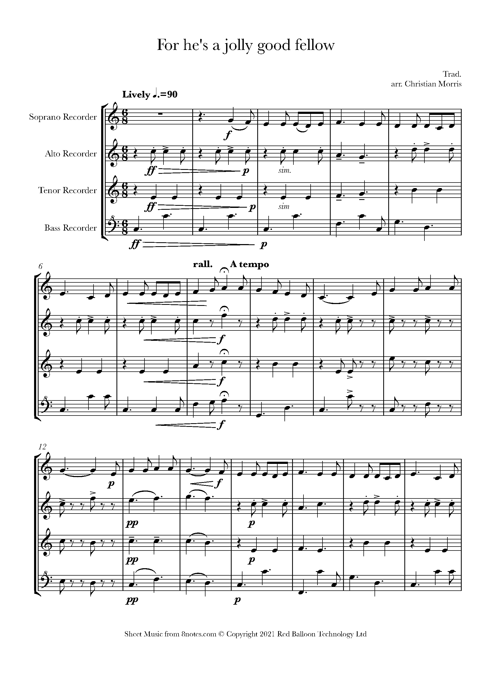 For He's A Jolly Good Fellow Sheet music for Recorder Quartet