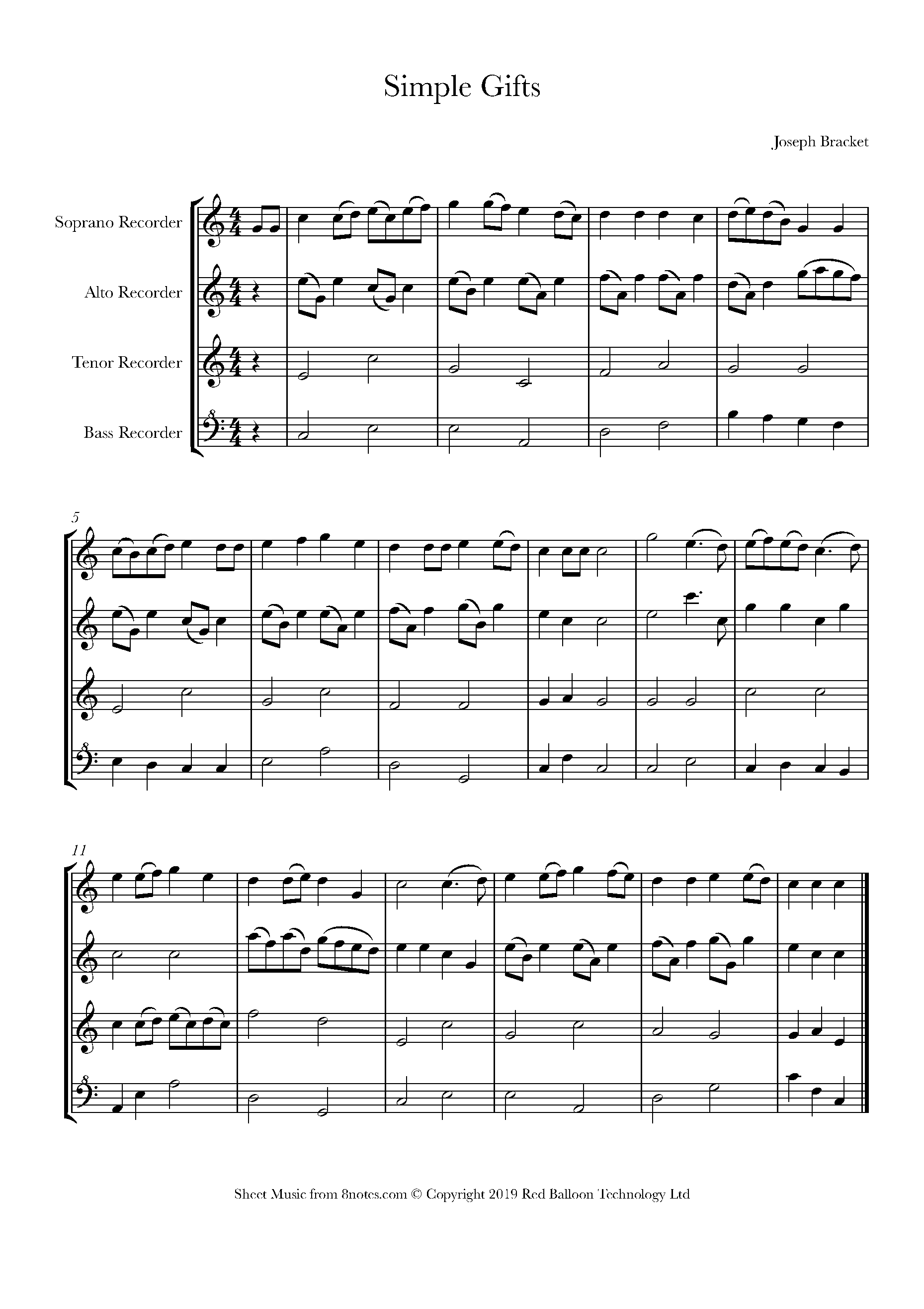 Joseph Brackett Simple Gifts Sheet music for Recorder Quartet