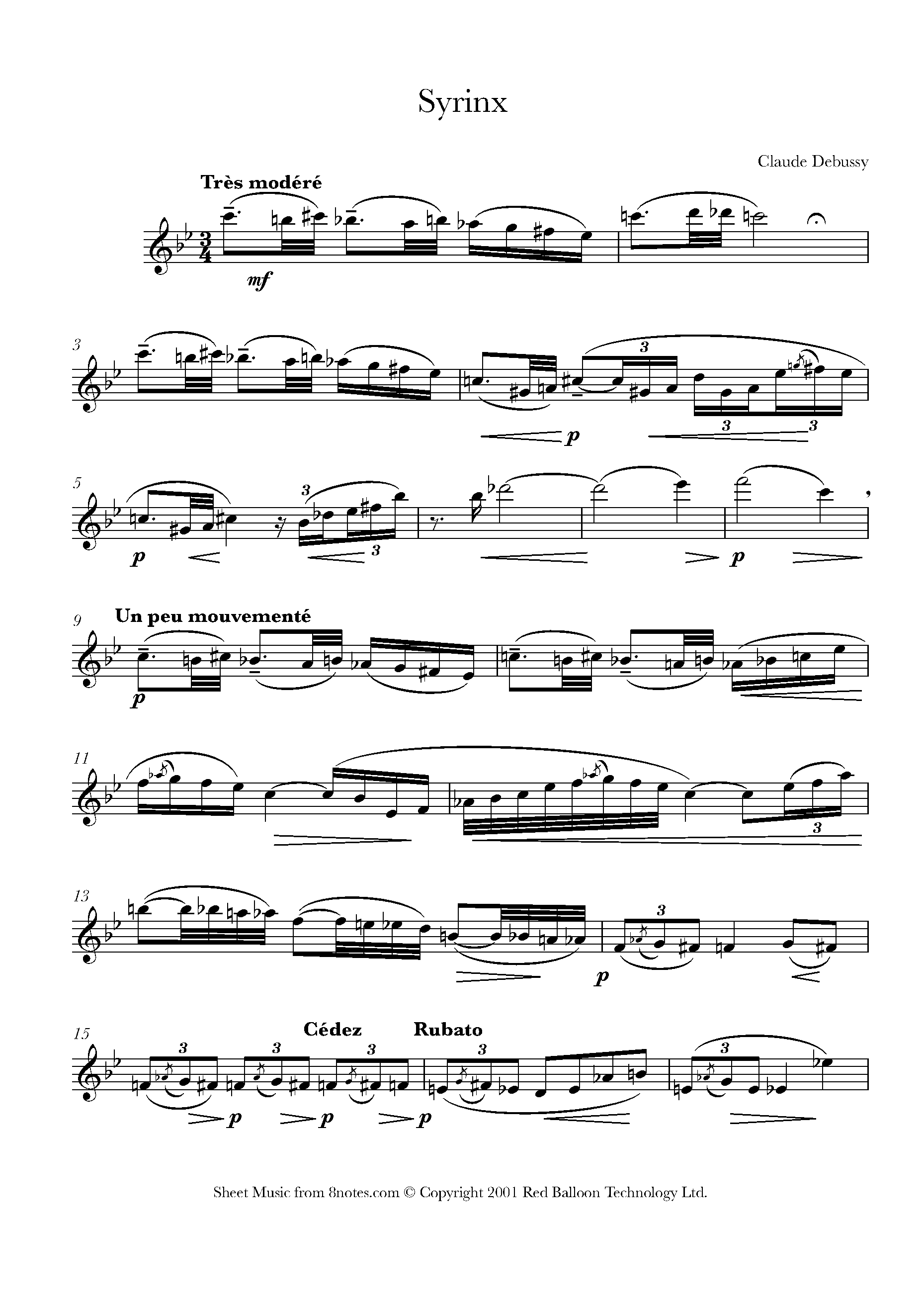 Debussy Claude Syrinx for Saxophone Free Sheet music for Saxophone 8notes