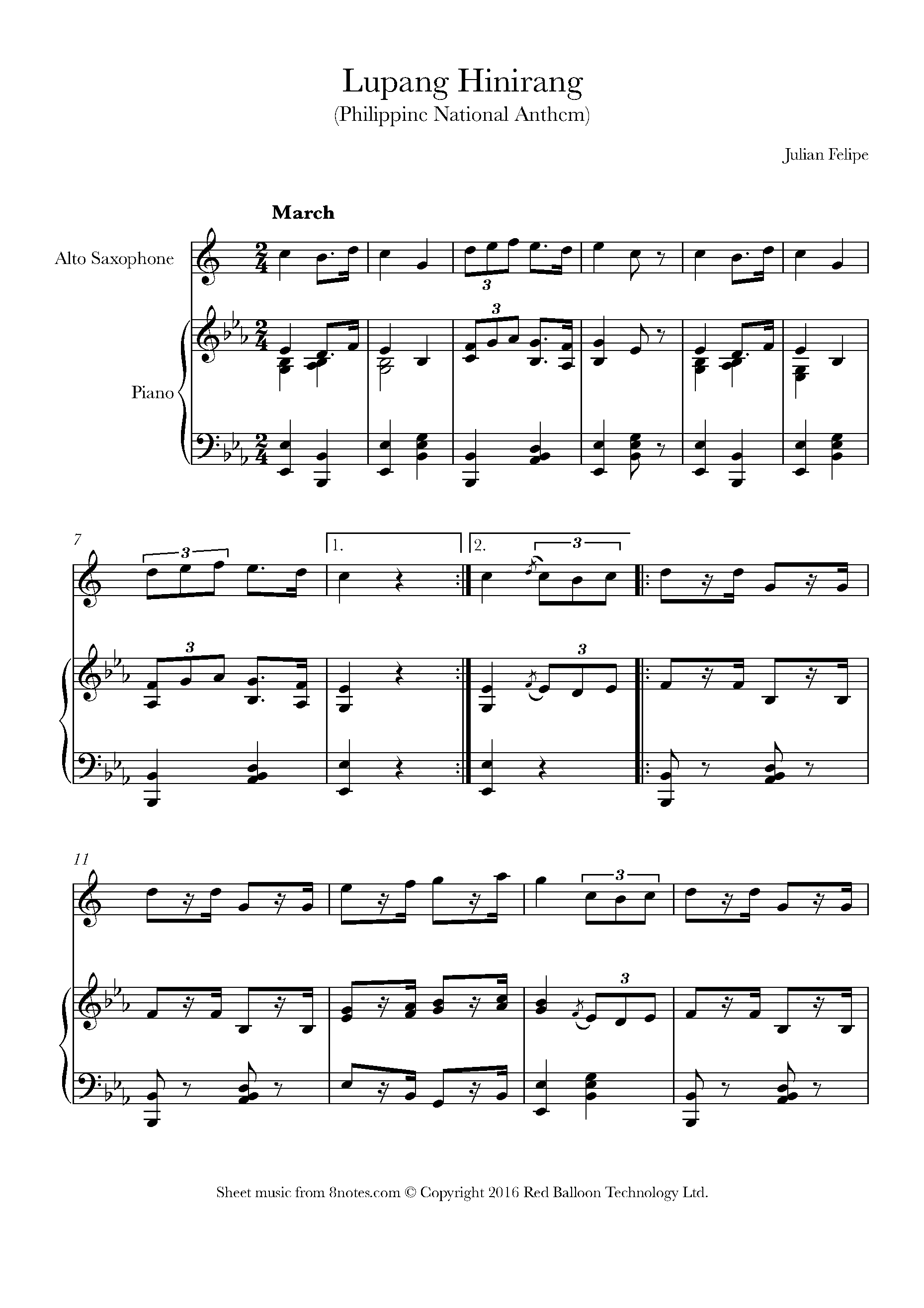 Philippine National Anthem Lupang Hinirang Sheet music for Saxophone