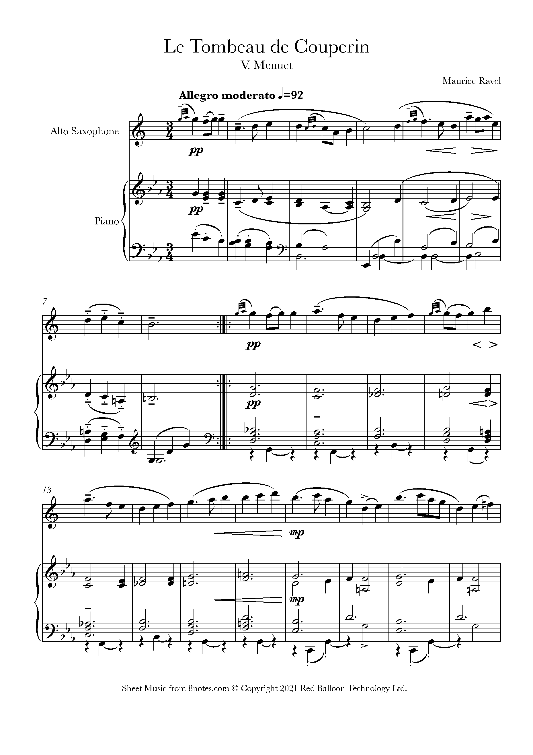 Ravel Le Tombeau de Couperin V. Menuet Sheet music for Saxophone