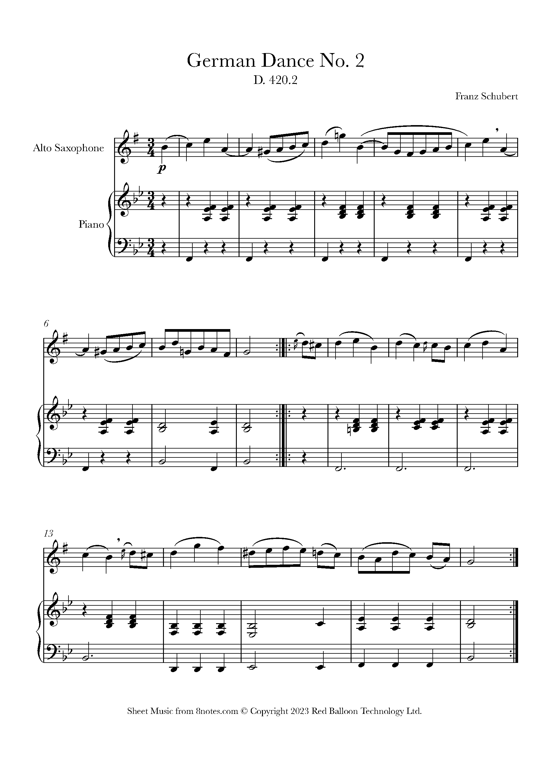 Schubert German Dance, D.420, No. 2 Sheet music for Saxophone
