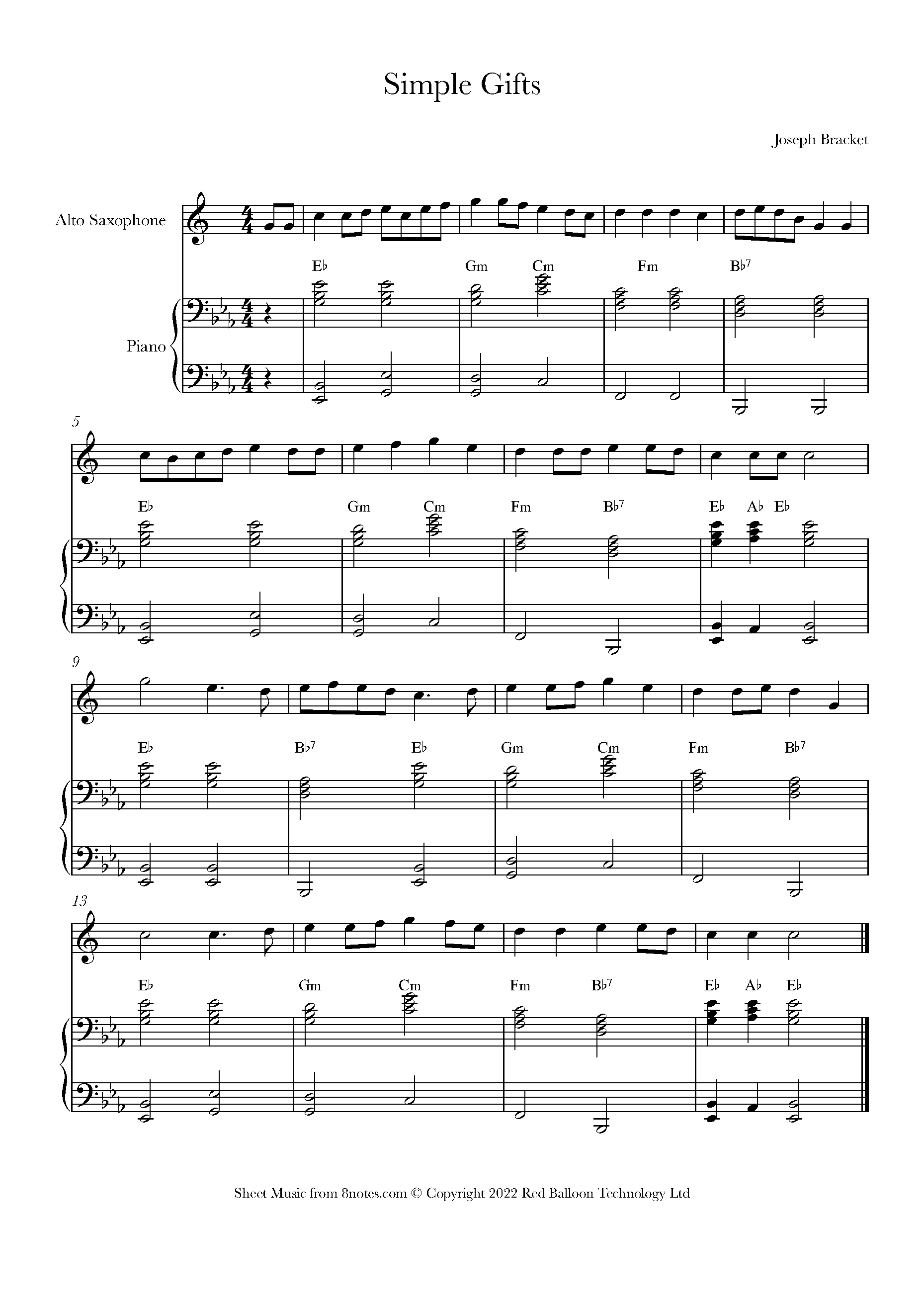 Simple Gifts (appalachian shaker song) Sheet music for Saxophone