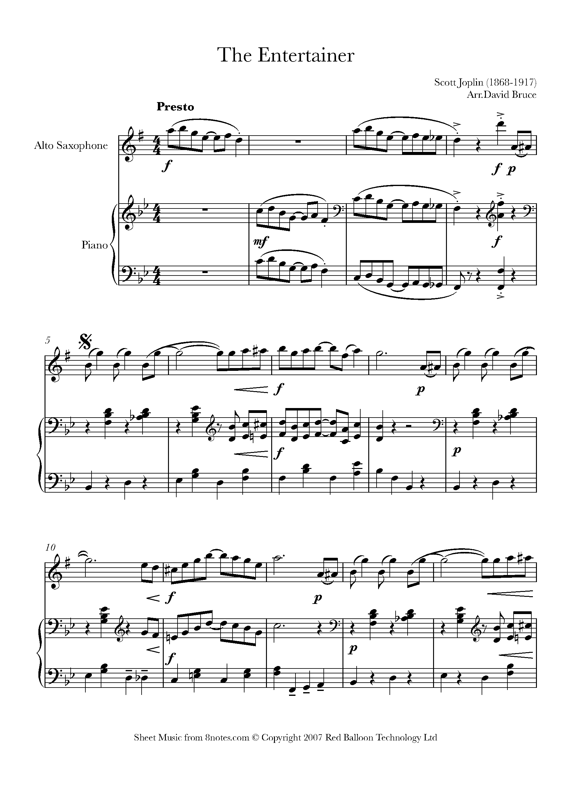 Scott Joplin The Entertainer for Saxophone Free Sheet music for Saxophone 8notes