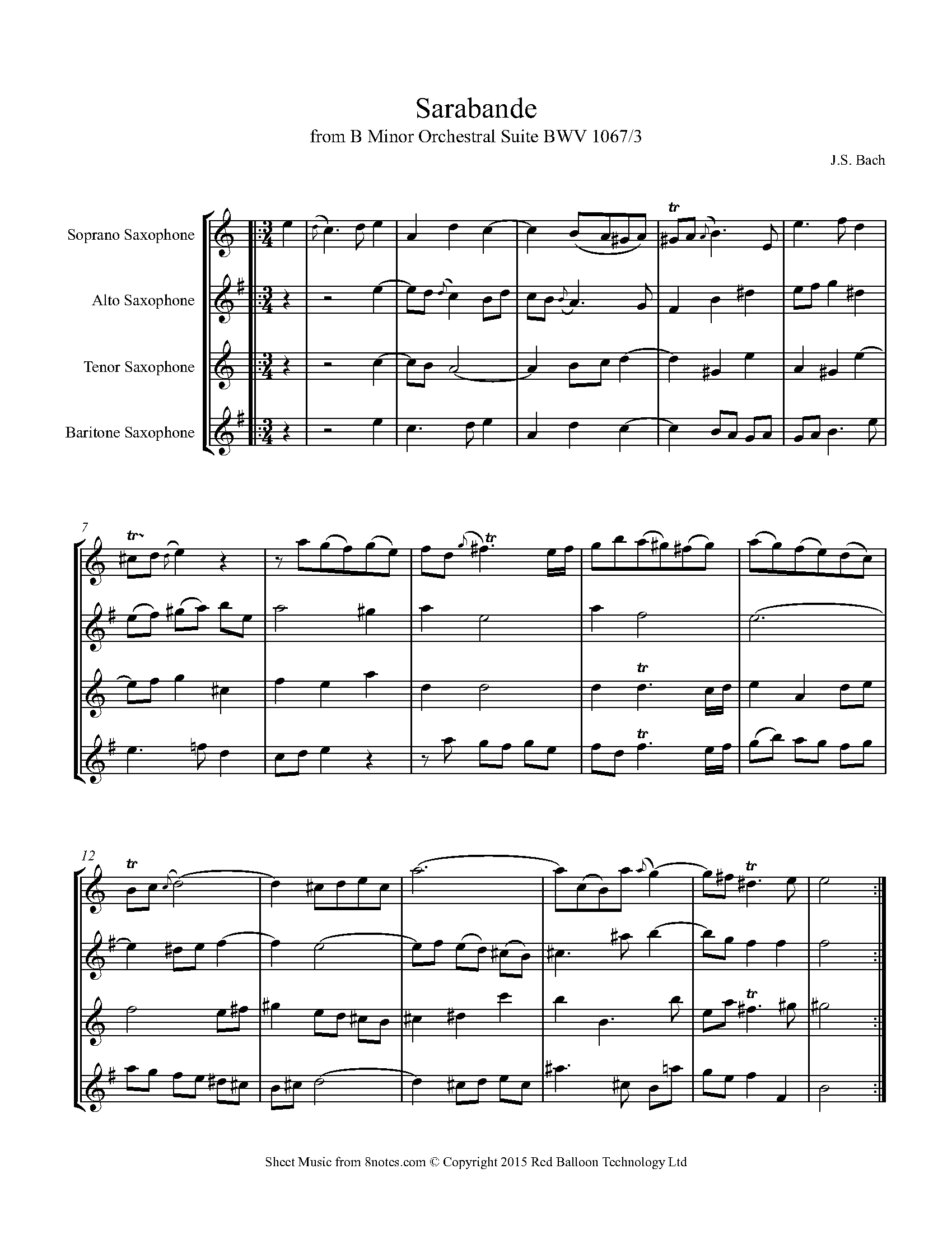 Bach, Johann Sebastian - Sarabande from B Minor Orchestral Suite BWV 1067 no.3 Sheet music for Saxophone QuartetOptions