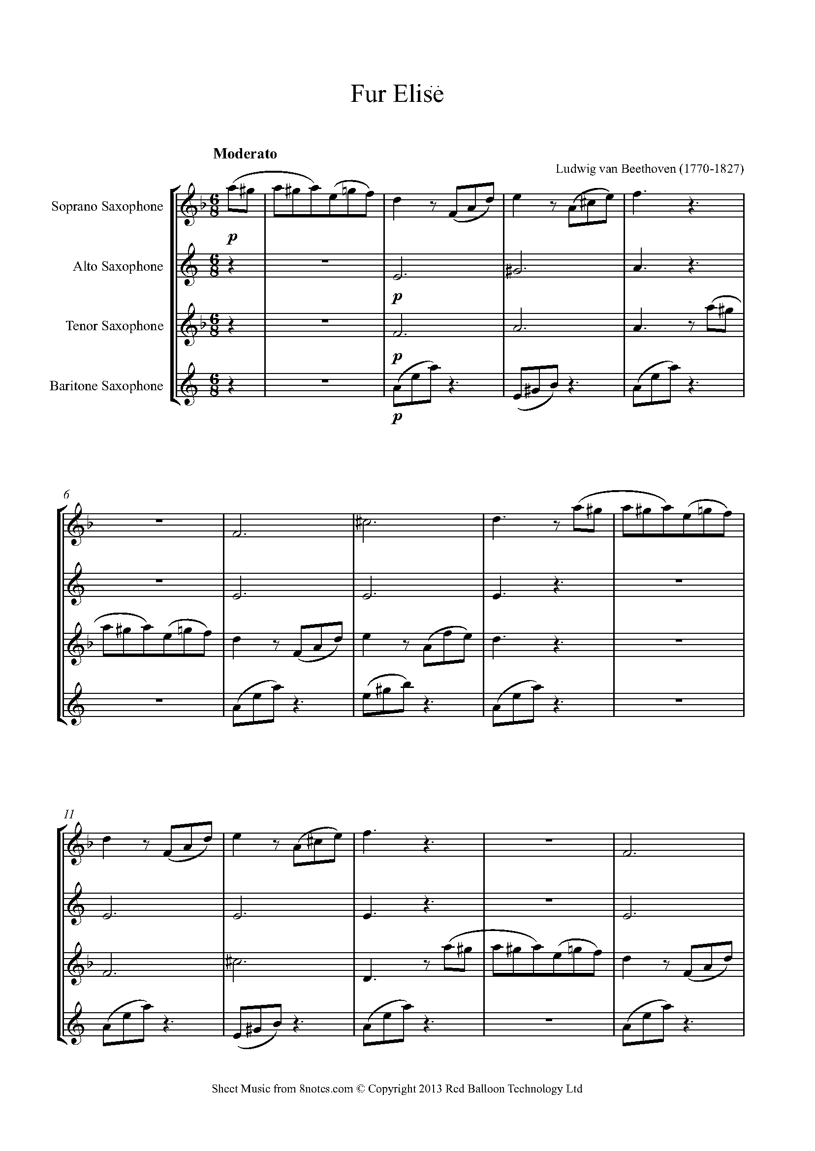 Beethoven Fur Elise Sheet music for Saxophone Quartet