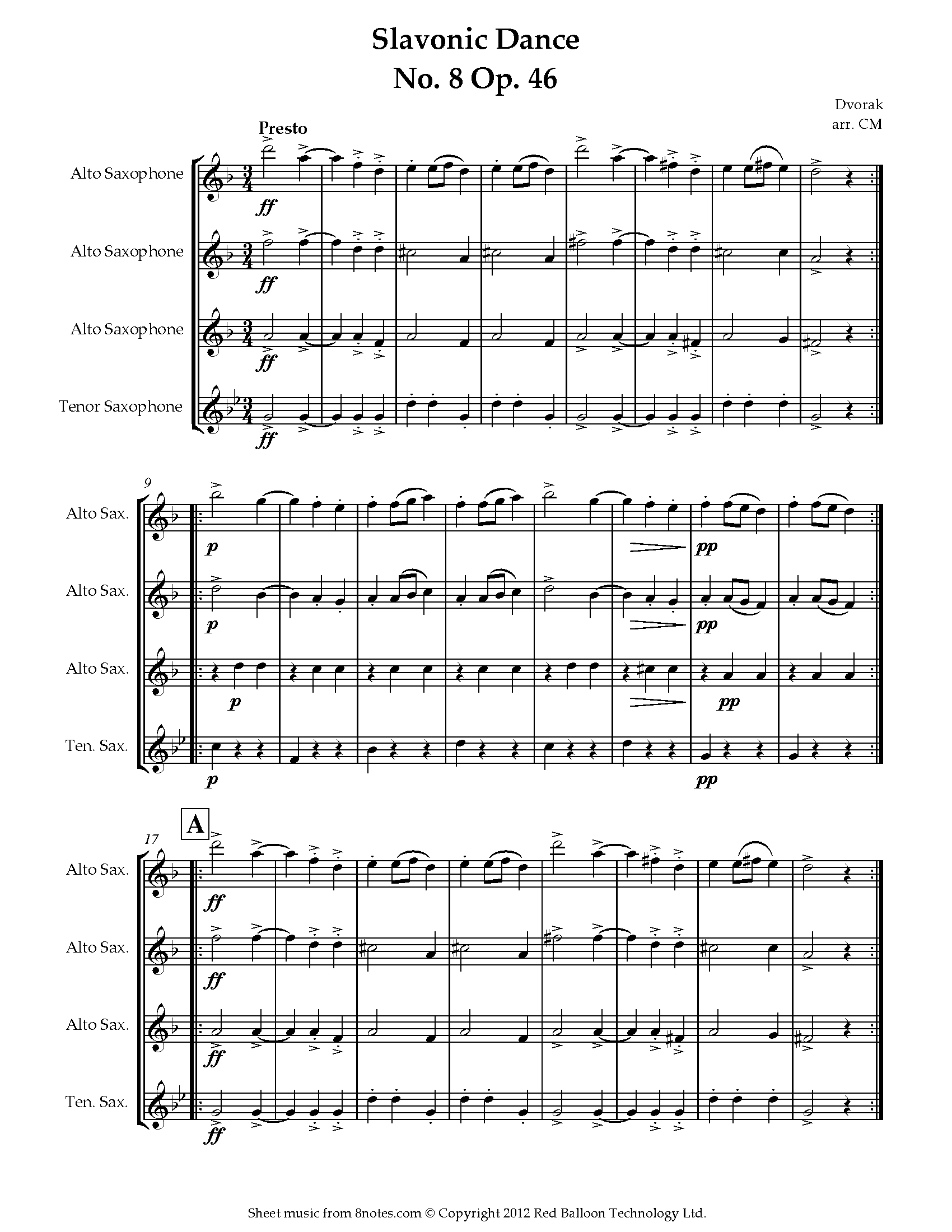 ﻿Dvořák Slavonic Dance No. 8 Op. 46 Sheet music for Saxophone Quartet