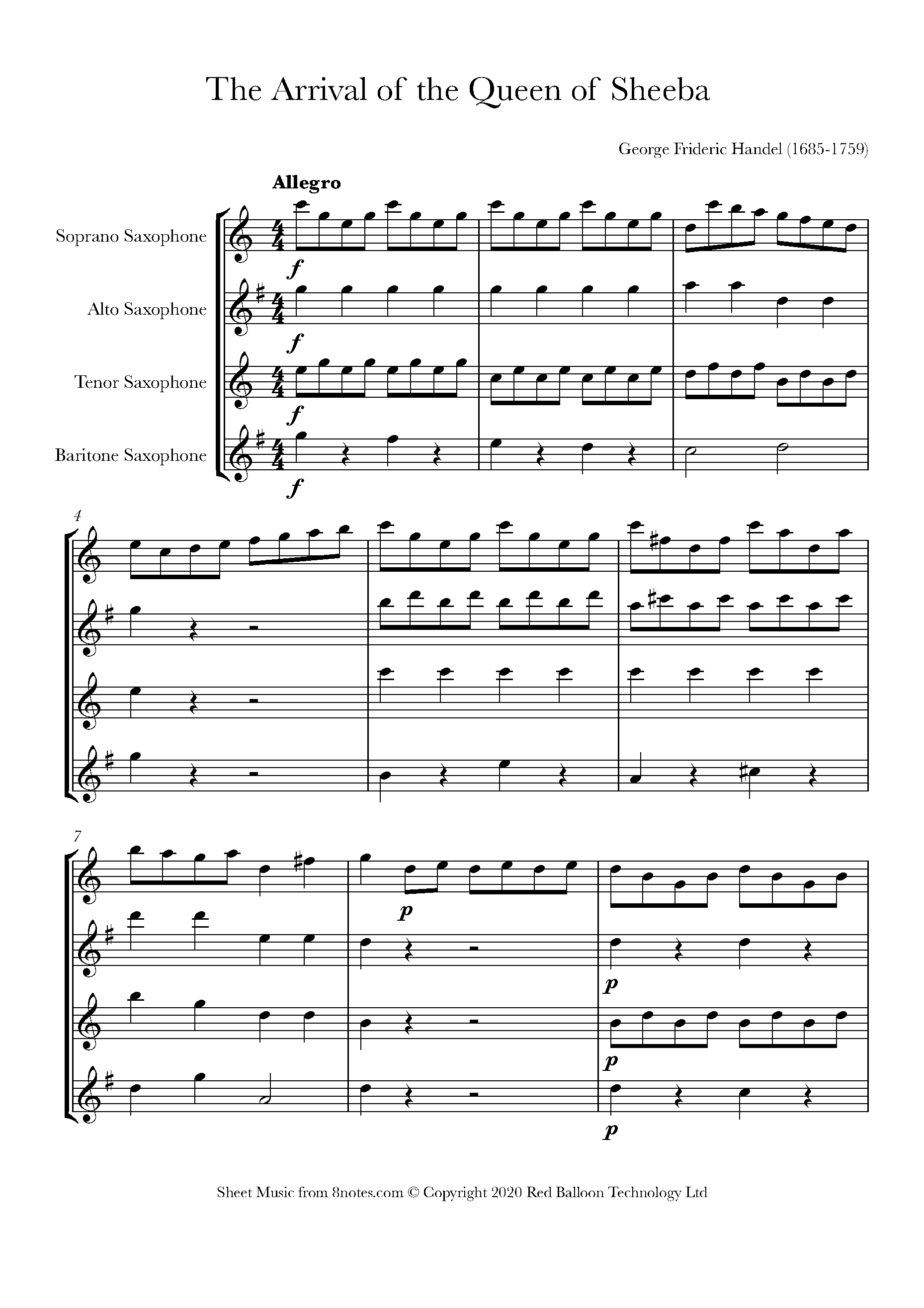 Handel The Arrival of the Queen of Sheba Sheet music for Saxophone