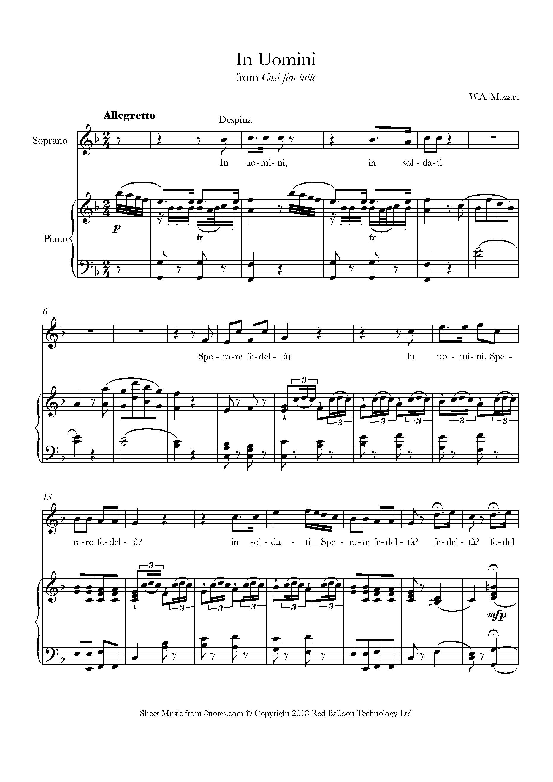 Mozart In Uomini From Cosi Fan Tutte Sheet Music For Soprano Voice 8notes Com