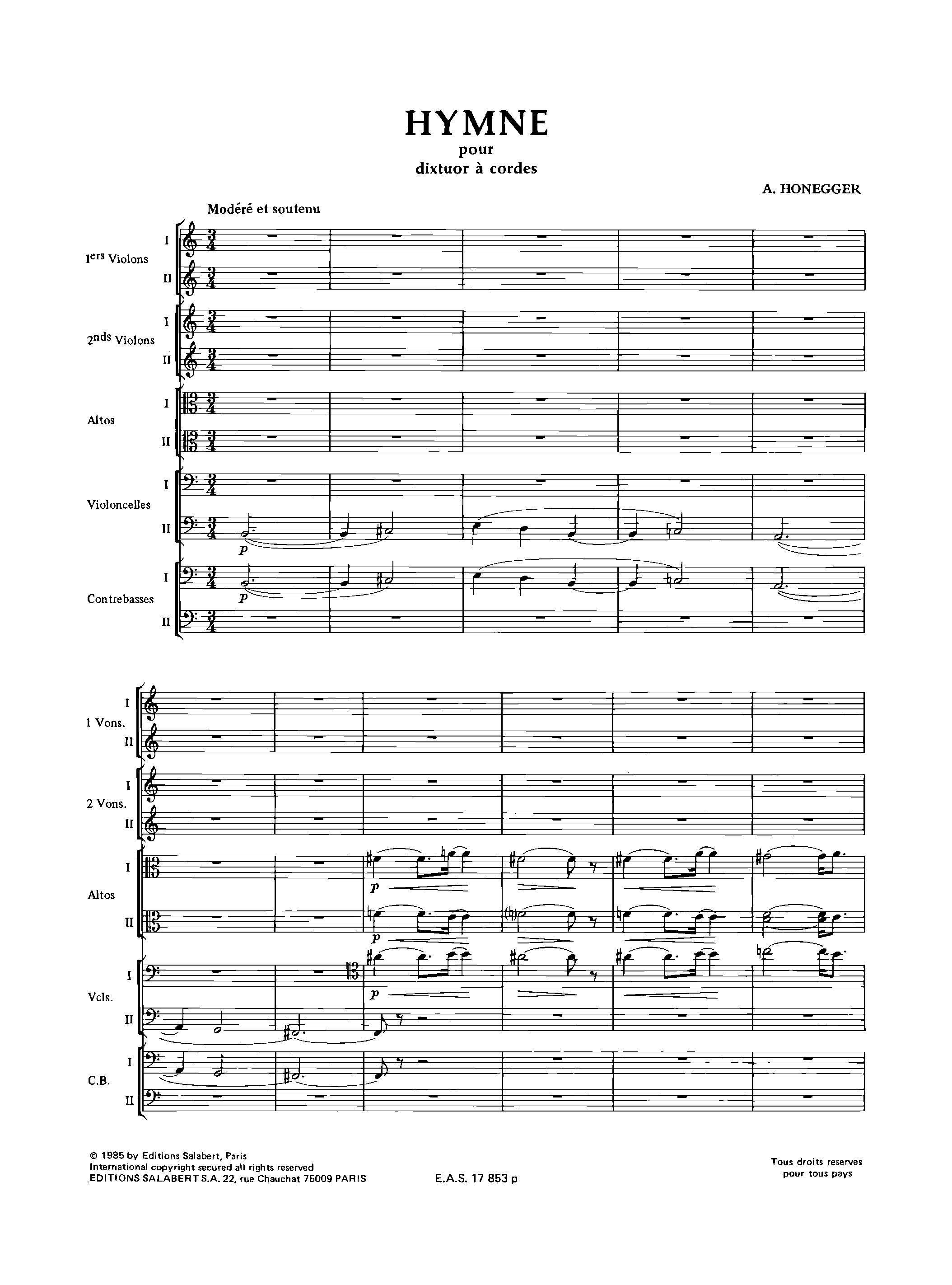 Hymn, H.33 by Arthur Honegger Sheet Music arranged by 8notes.com for String orchestra - 1 of 13 pages