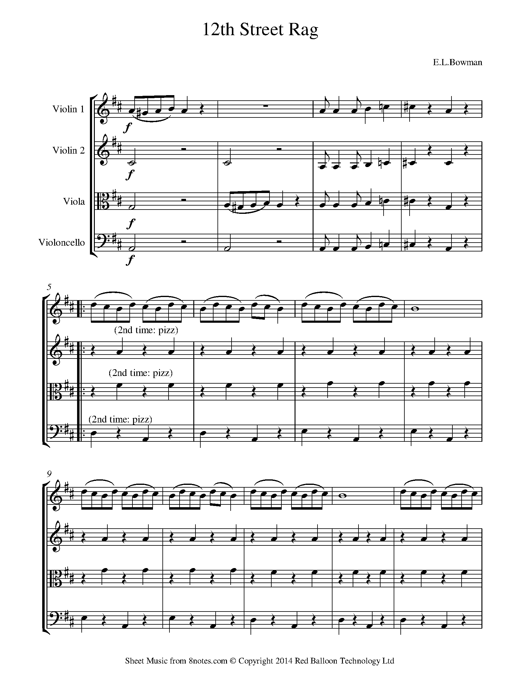 E L Bowman 12th Street Rag Sheet Music For String Quartet 8notes Com