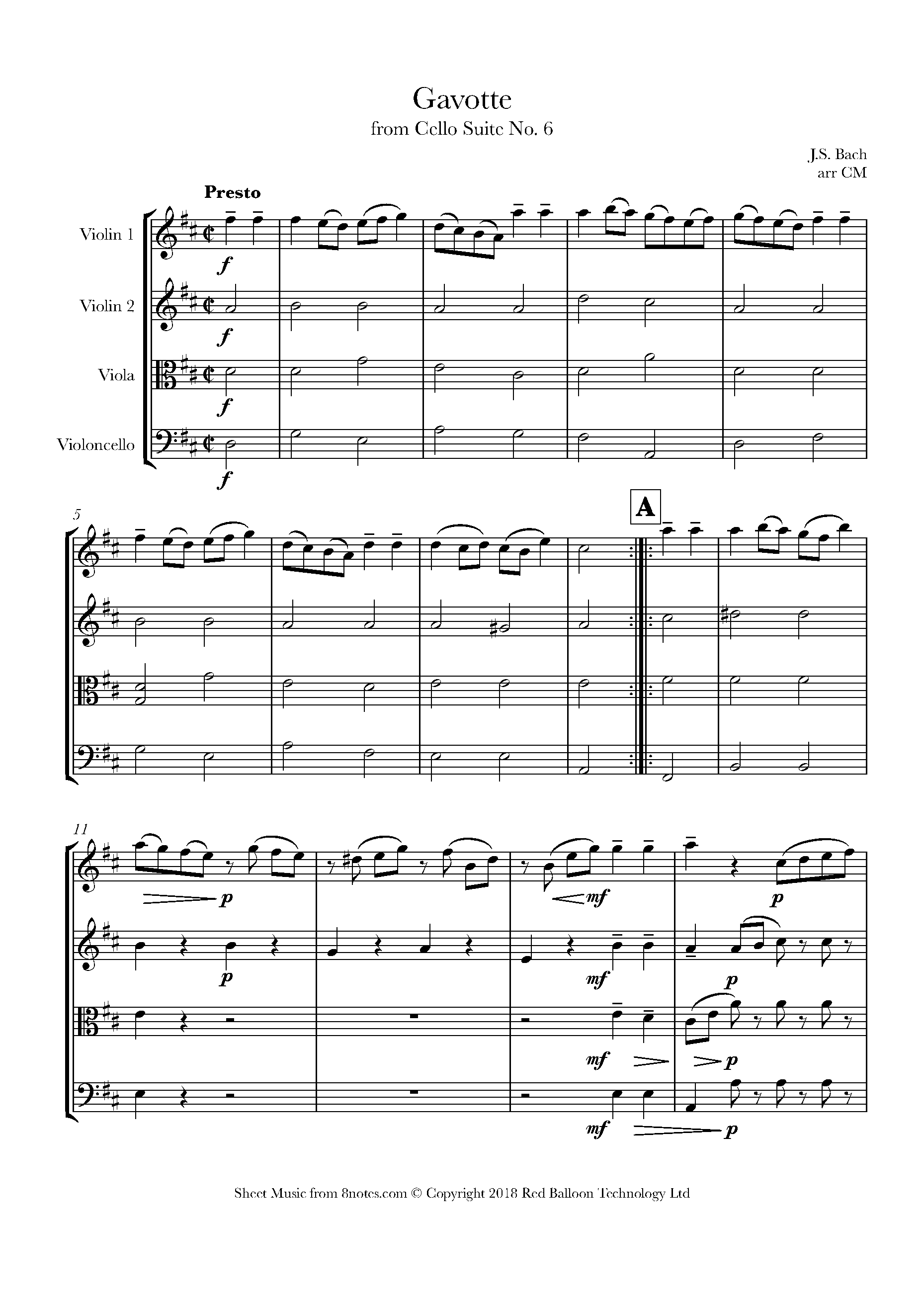 Bach Gavotte from Cello Suite No.6 Sheet music for String Quartet