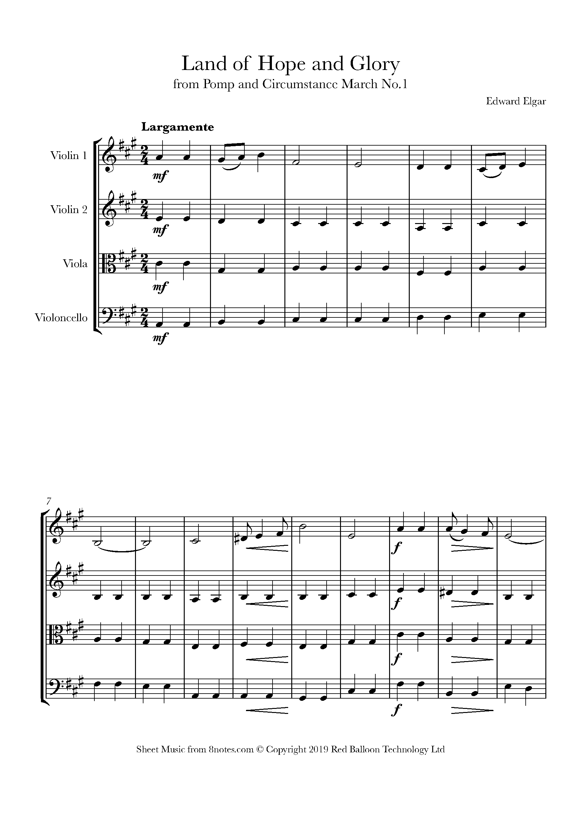 Elgar Land of Hope and Glory (Pomp and Circumstance March No.1) Sheet music for String Quartet