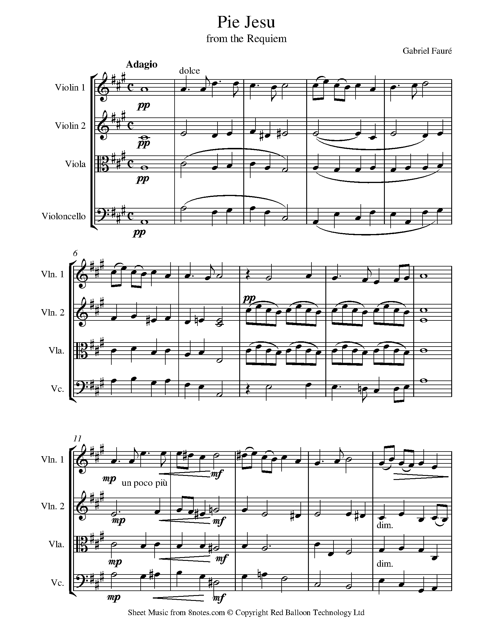 ﻿Fauré Pie Jesu from the Requiem Sheet music for String Quartet