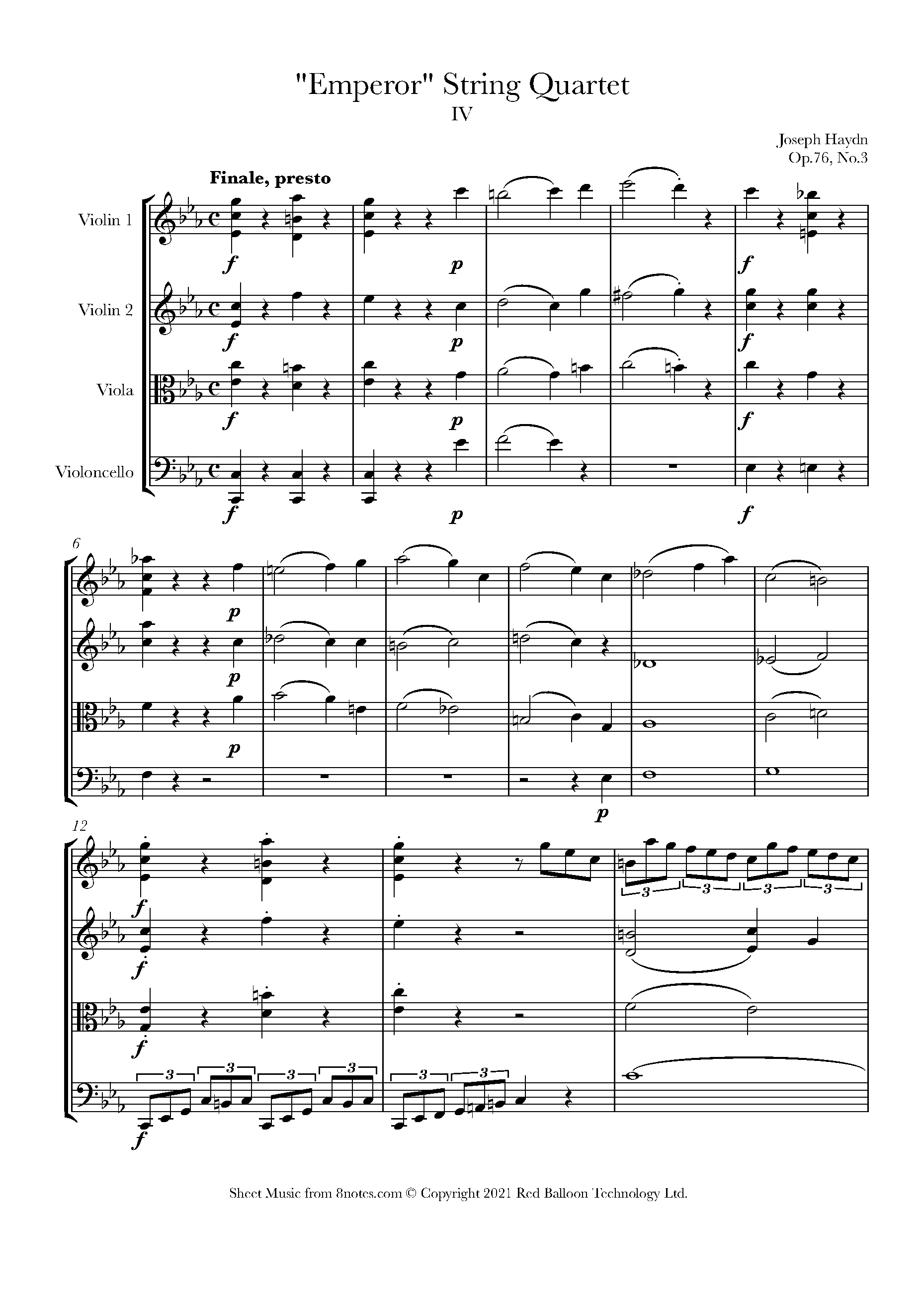 Haydn Emperor String Quartet, Op.76, No.3, Fourth Movement Sheet music for String Quartet