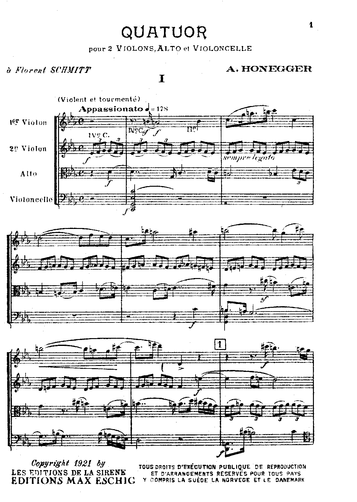String Quartet No.1, H.15 by Arthur Honegger Sheet Music arranged by 8notes.com for String Quartet - 1 of 48 pages
