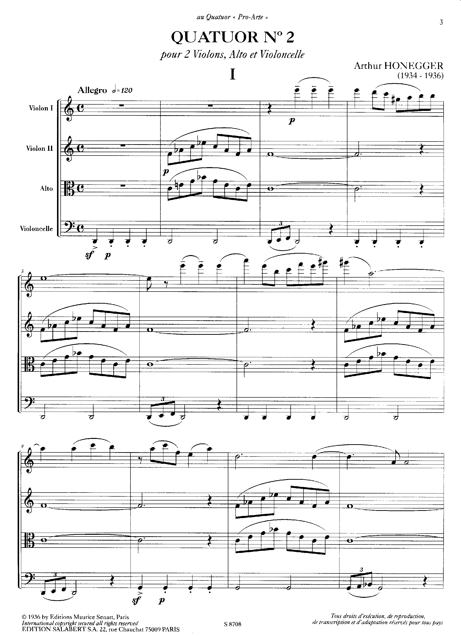 String Quartet No.2, H.103 by Arthur Honegger Sheet Music arranged by 8notes.com for String Quartet - 1 of 47 pages