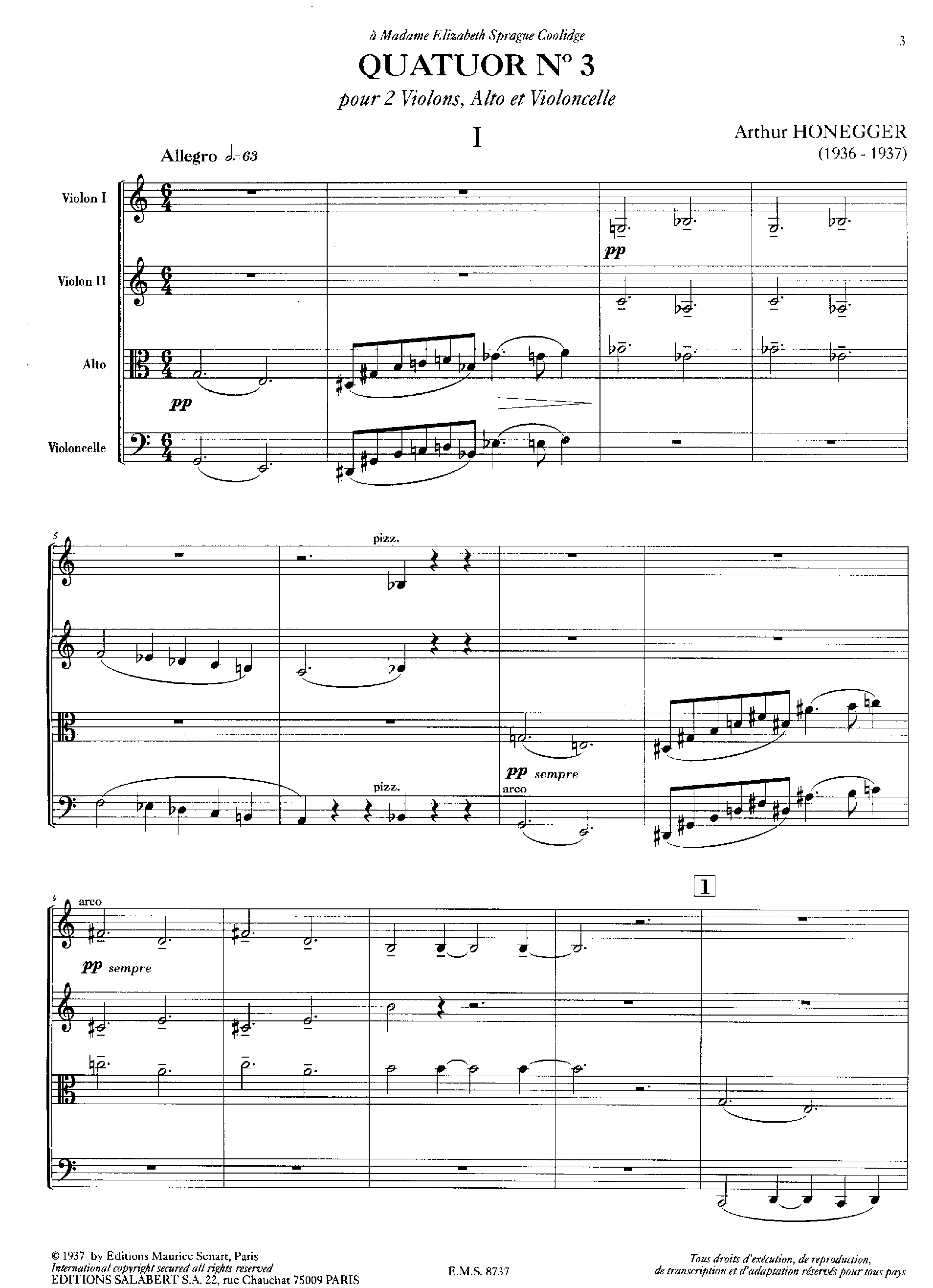 String Quartet No.3, H.114 by Arthur Honegger Sheet Music arranged by 8notes.com for String Quartet - 1 of 43 pages