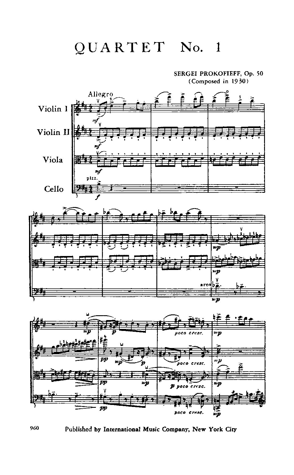 String Quartet No.1, Op.50 by Sergei Prokofiev Sheet Music arranged by 8notes.com for String Quartet - 1 of 48 pages