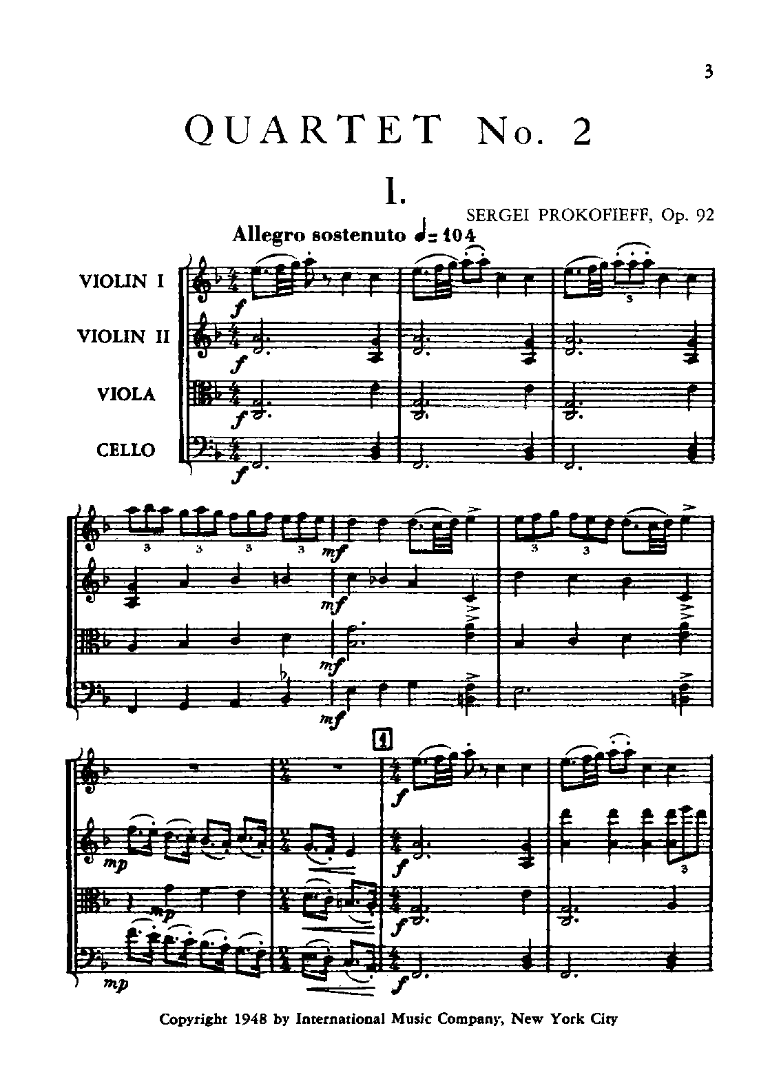 String Quartet No.2, Op.92 by Sergei Prokofiev Sheet Music arranged by 8notes.com for String Quartet - 1 of 56 pages
